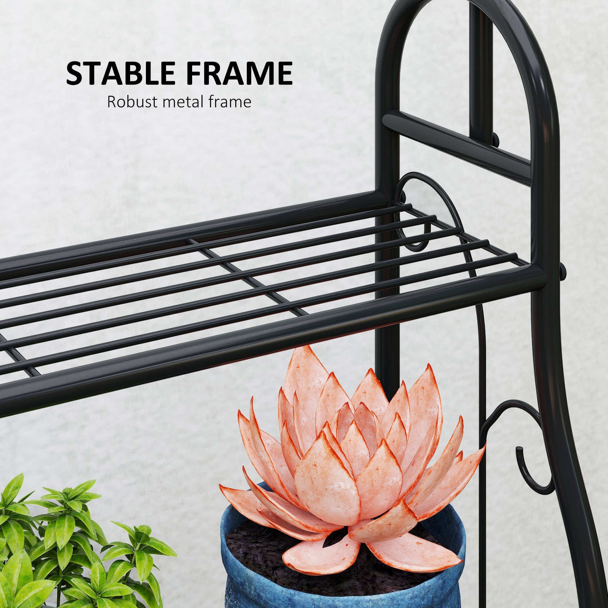 Outsunny 3 Tier Plant Stand with Hanging Rod and Hooks, Metal Plant Rack Shelf, Ladder Flower Pot for Indoor Outdoor Porch Balcony Living Room Bedroom, Black - North Peak Garden Furniture
