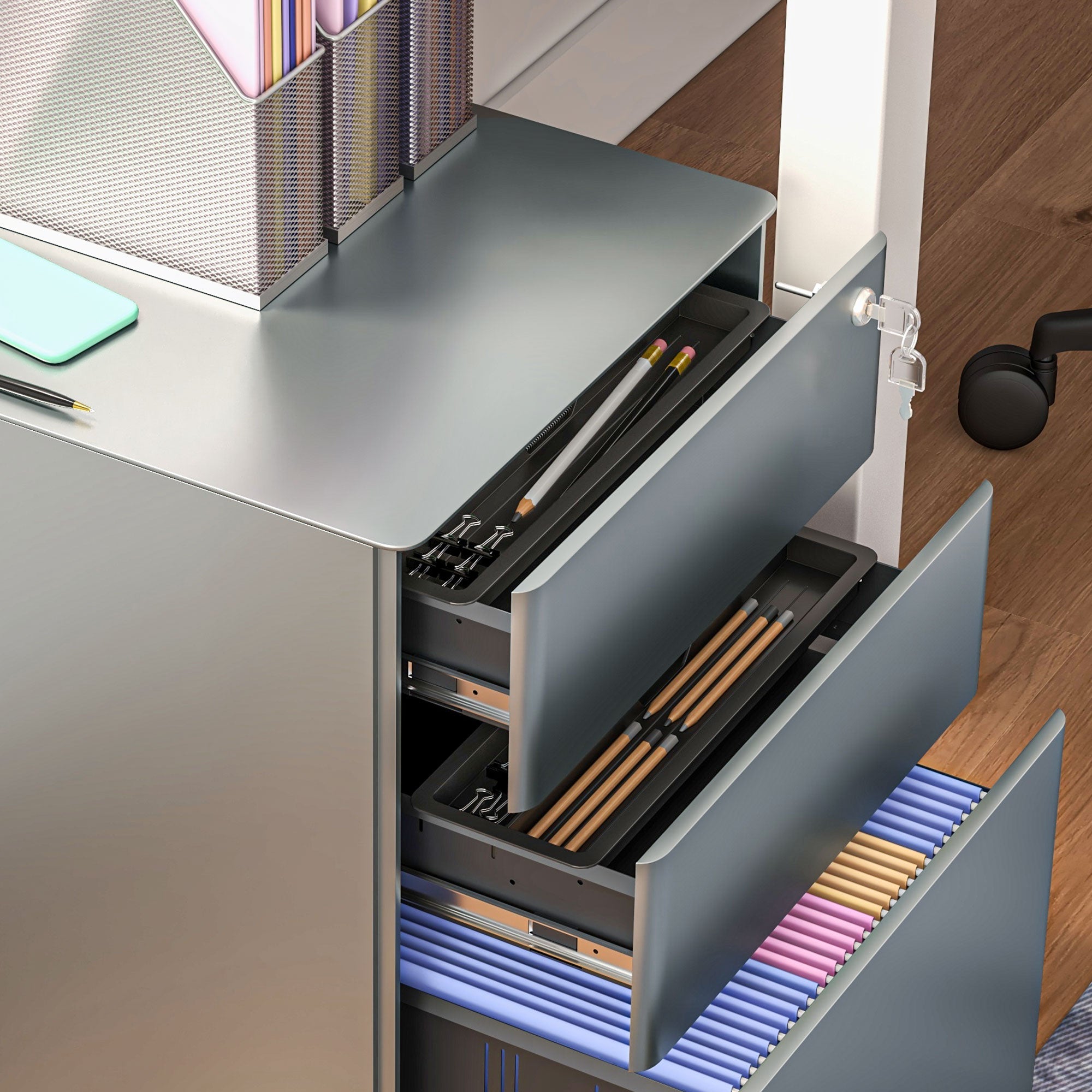 Vinsetto Lockable Cabinet, Rolling Filing Cabinet with 3 Drawers, Steel Office Drawer Unit for A4, Letter, Legal Sized Files - North Peak Garden Furniture