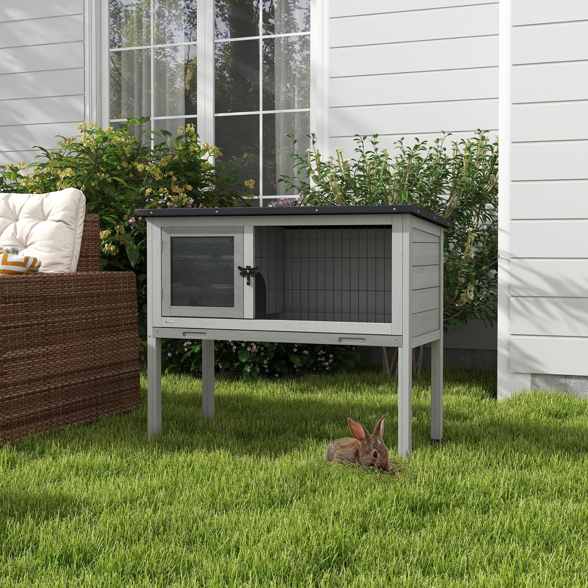 PawHut Wooden Guinea Pig Hutch, Small Animal Cage with Slide-out Tray, Openable Asphalt Roof, 84 x 43 x 70cm, Grey - North Peak Garden Furniture