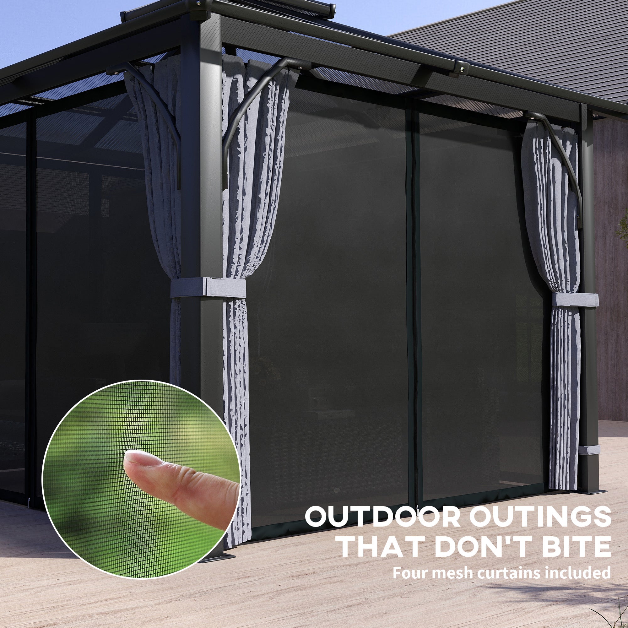 Outsunny 3 x 3(m) Hardtop Gazebo Canopy with 7mm Polycarbonate Double-Tier Roof, Garden Gazebo Permanent Pavilion with Mosquito Netting and Curtains for Patio, Deck, Dark Grey