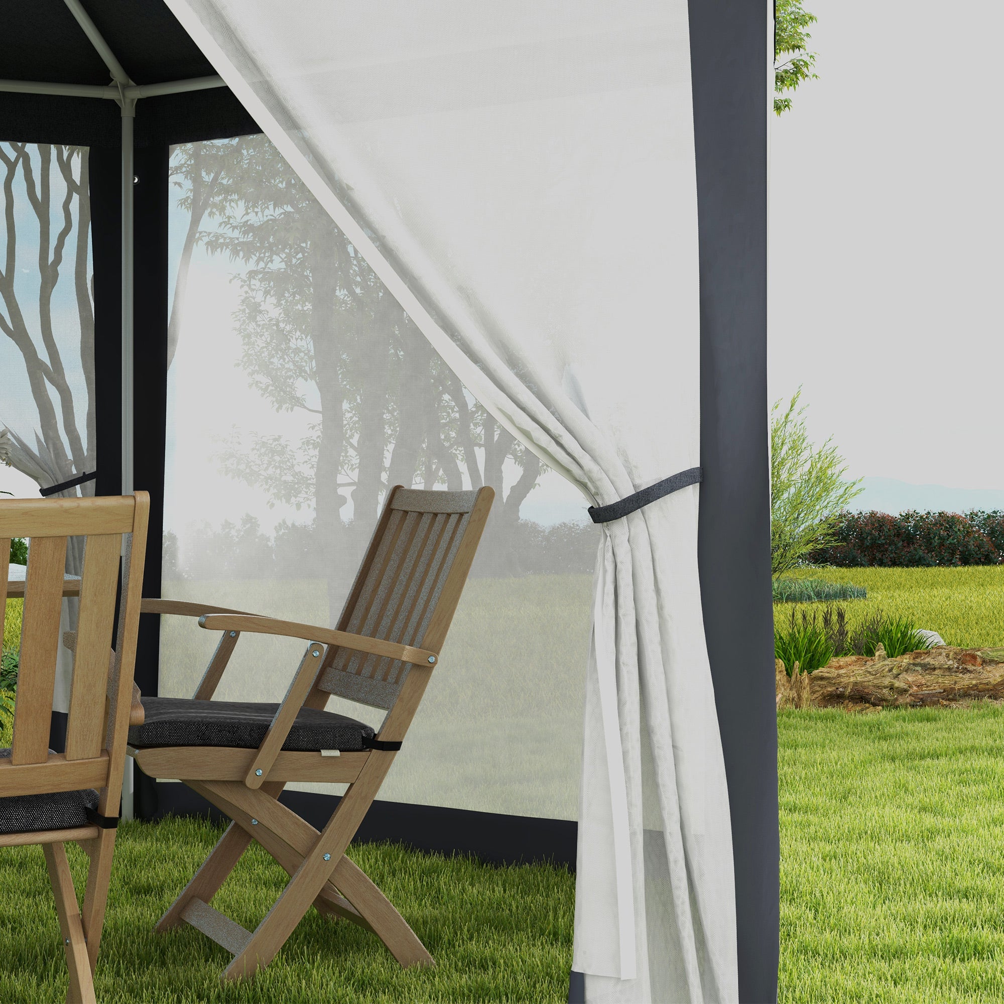 Outsunny 4M Hexagon Gazebo, Netting Party Tent, Patio Canopy Outdoor Event Shelter for Activities, Shade Resistant, Dark Grey - North Peak Garden Furniture