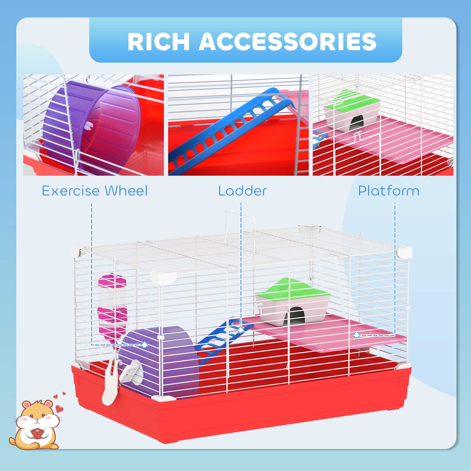 PawHut Portable 2 Storey Hamster Cage Small Pet Animal Cage Double Layers w/ Exercise Wheel Water Bottle Dishes