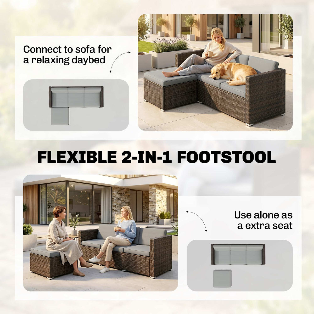 Outsunny 3 Pieces Garden Furniture Set w/ Cushions, PE Rattan Wicker Conversation Corner Sofa Set, Light Grey