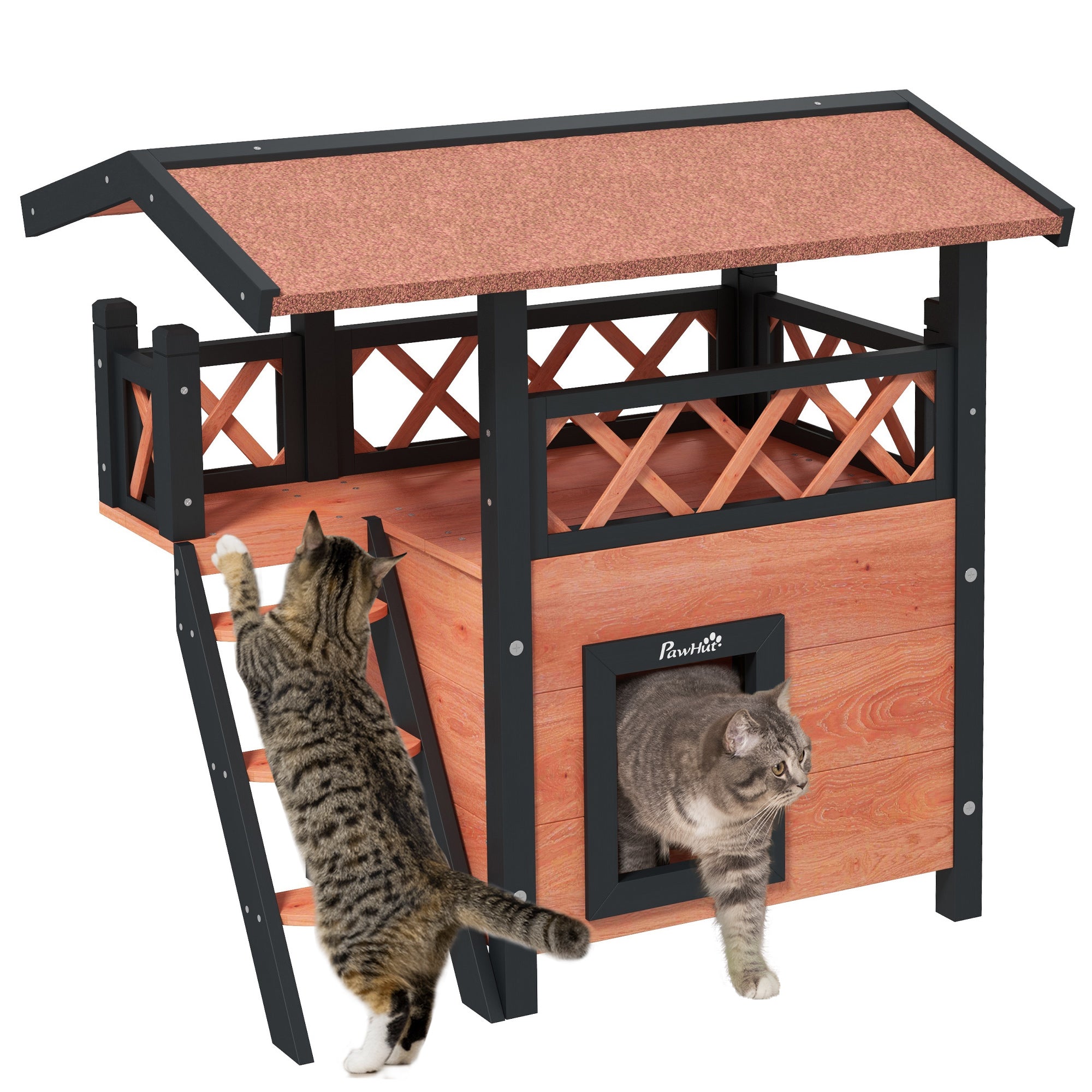 PawHut Cat House Outdoor w/ Balcony Stairs Roof, 77 x 50 x 73 cm, Brown - North Peak Garden Furniture