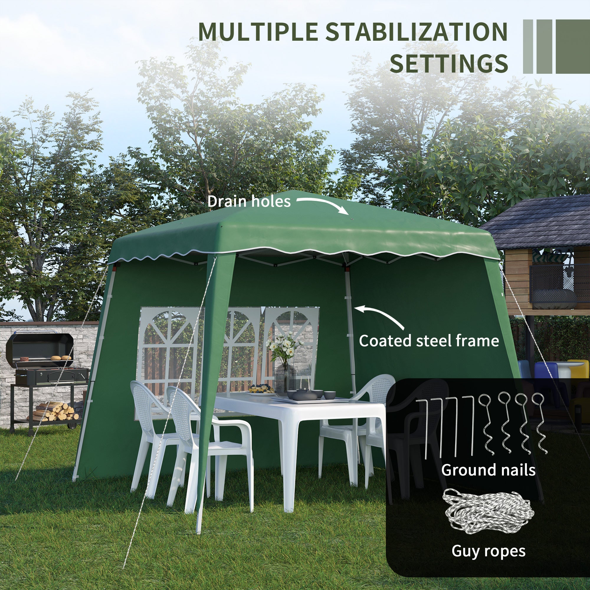 Outsunny Pop Up Gazebo Canopy Tent with 2 Sidewalls and Carry Bag, Height Adjustable, UV50+ Party Tent Event Shelter for Garden, Patio, 2.4 x 2.4m Top / 2.9 x 2.9m Base, Green - North Peak Garden Furniture