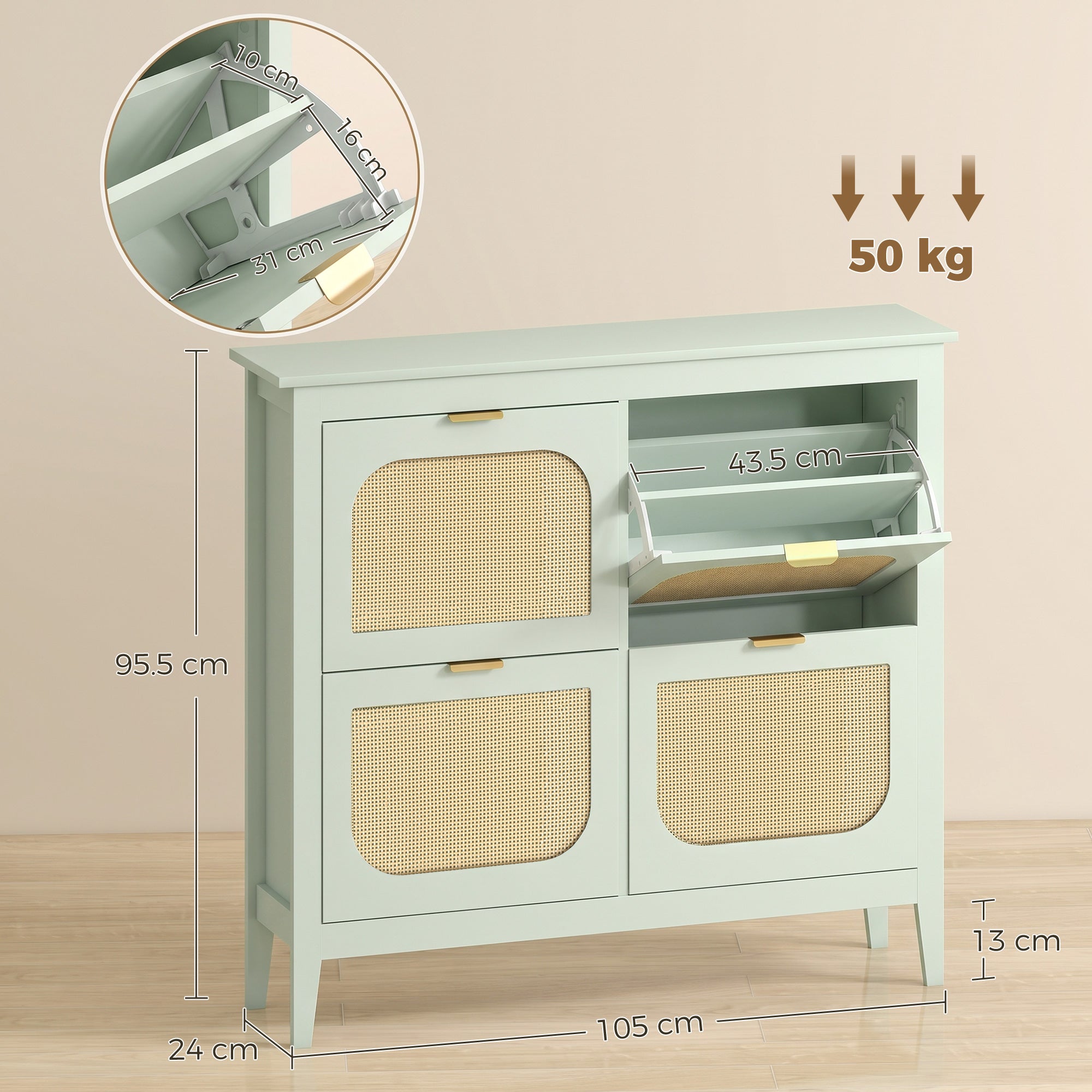 HOMCOM Narrow Shoe Cabinet, Boho Slim Shoe Storage Cabinet with 4 Flip Drawers, Holds 20 Pairs, Light Green