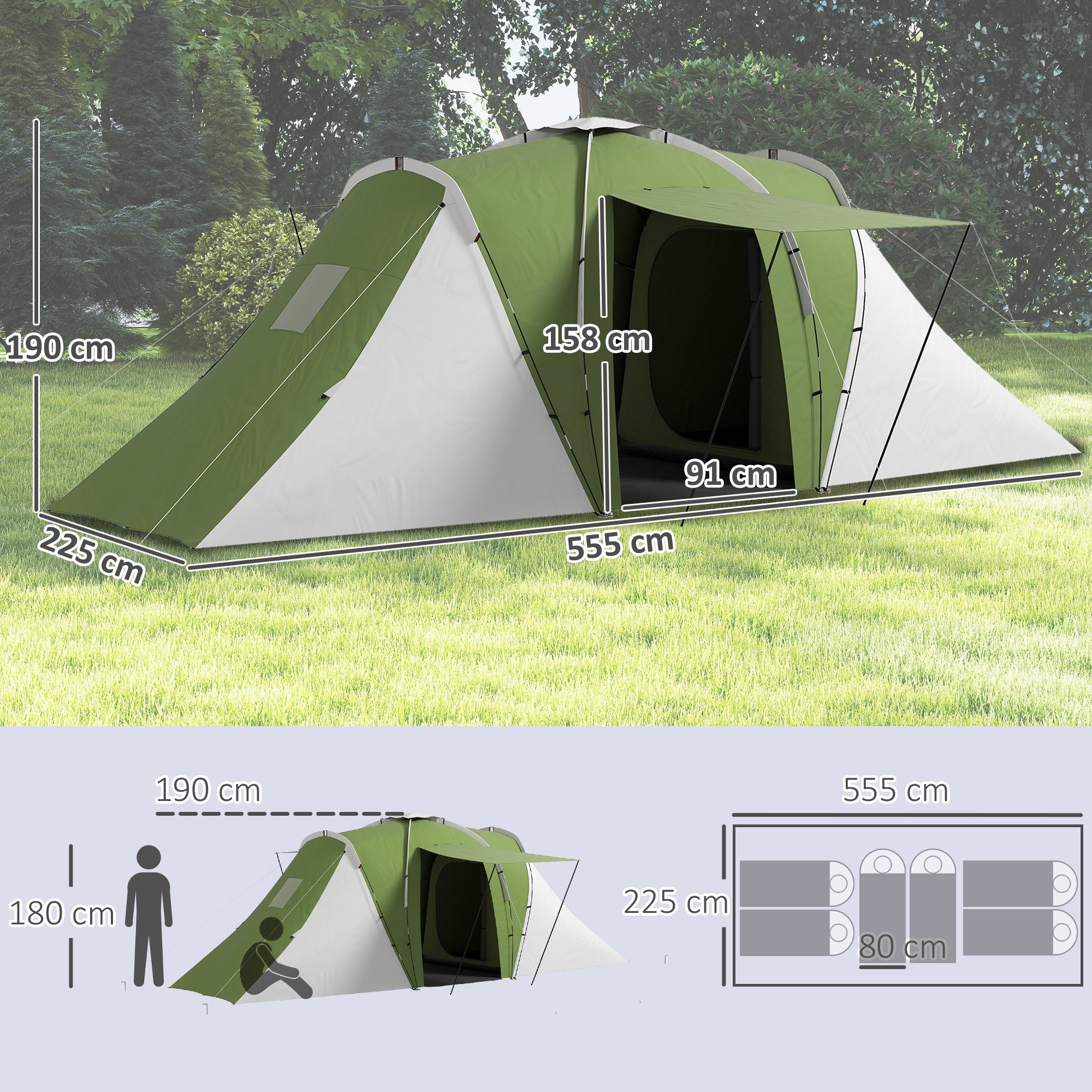 Outsunny Large Camping Tent Tunnel Tent with 2 Bedroom and Living Area, 2000mm Waterproof, Portable with Bag for 4-6 Man, Green - North Peak Garden Furniture