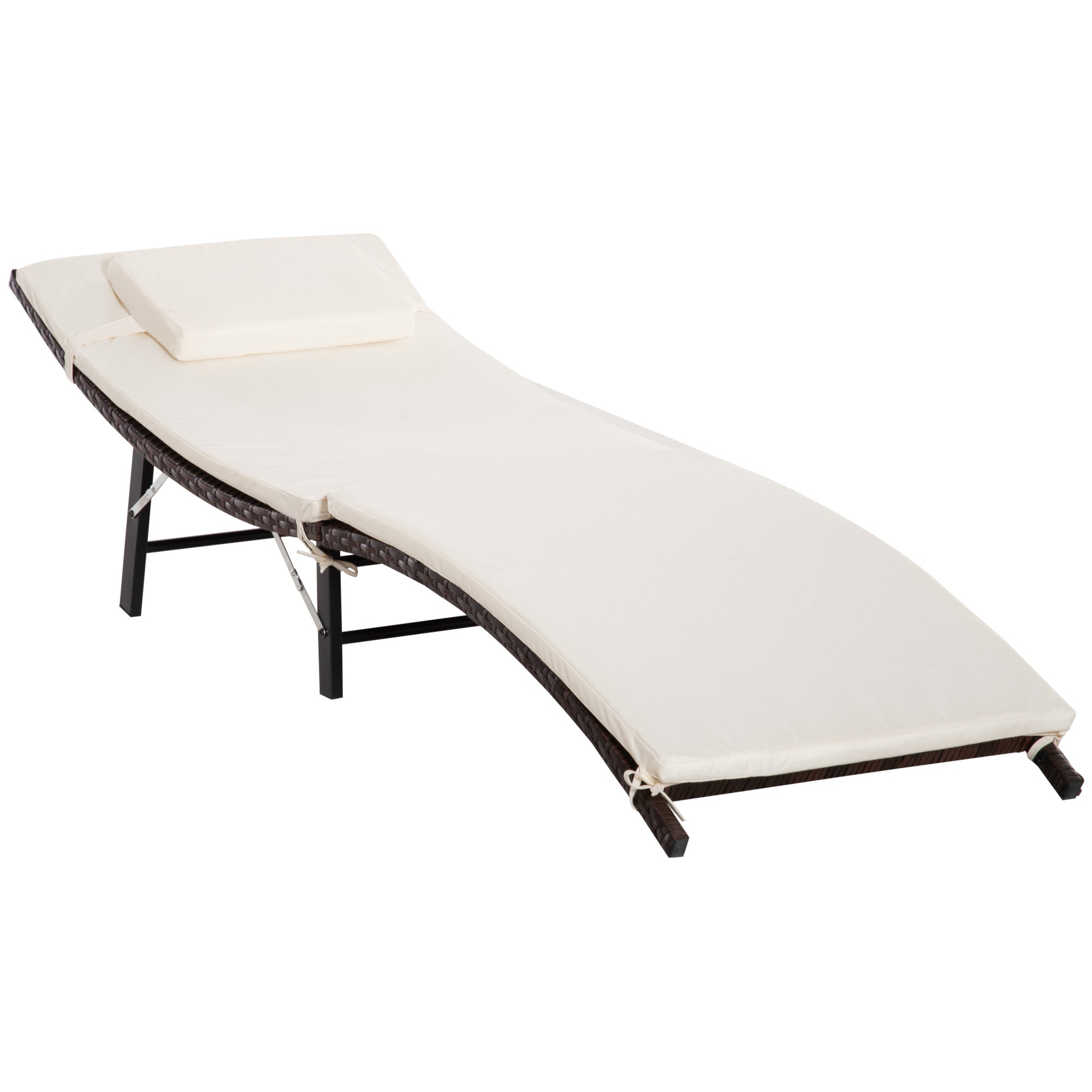 Outsunny Rattan Sun Lounger Garden Furniture Folding Outdoor Chair Wicker Weave Bed with Cushion and Pillow, Cream White - North Peak Garden Furniture