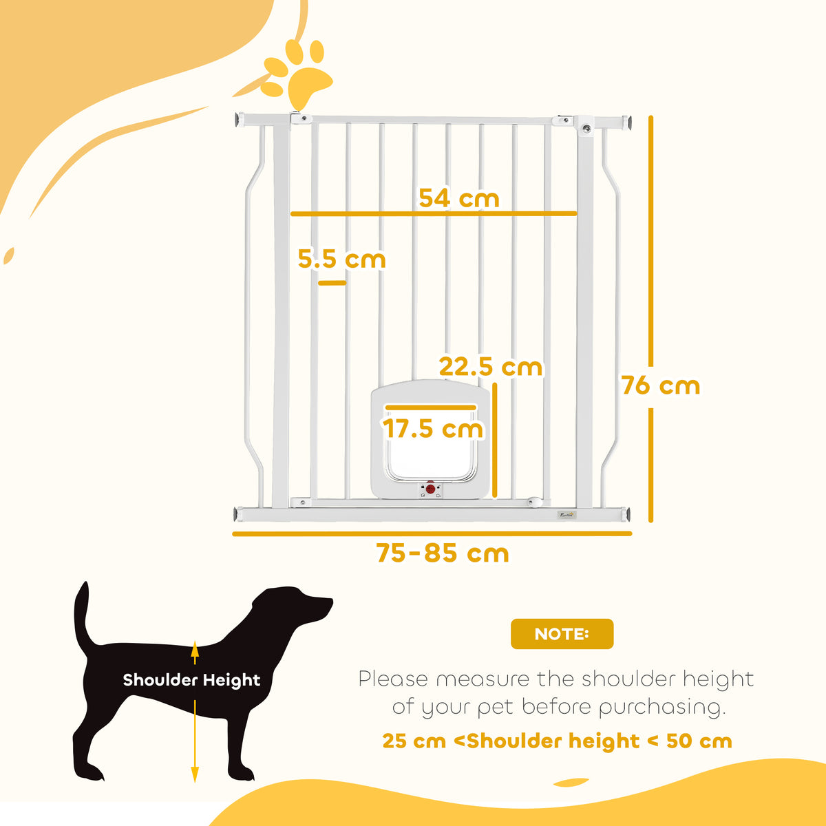 PawHut Adjustable Pet Gate with Cat Door, Pressure Fit Barrier for Doorway and Hallway, 75-85 cm, White