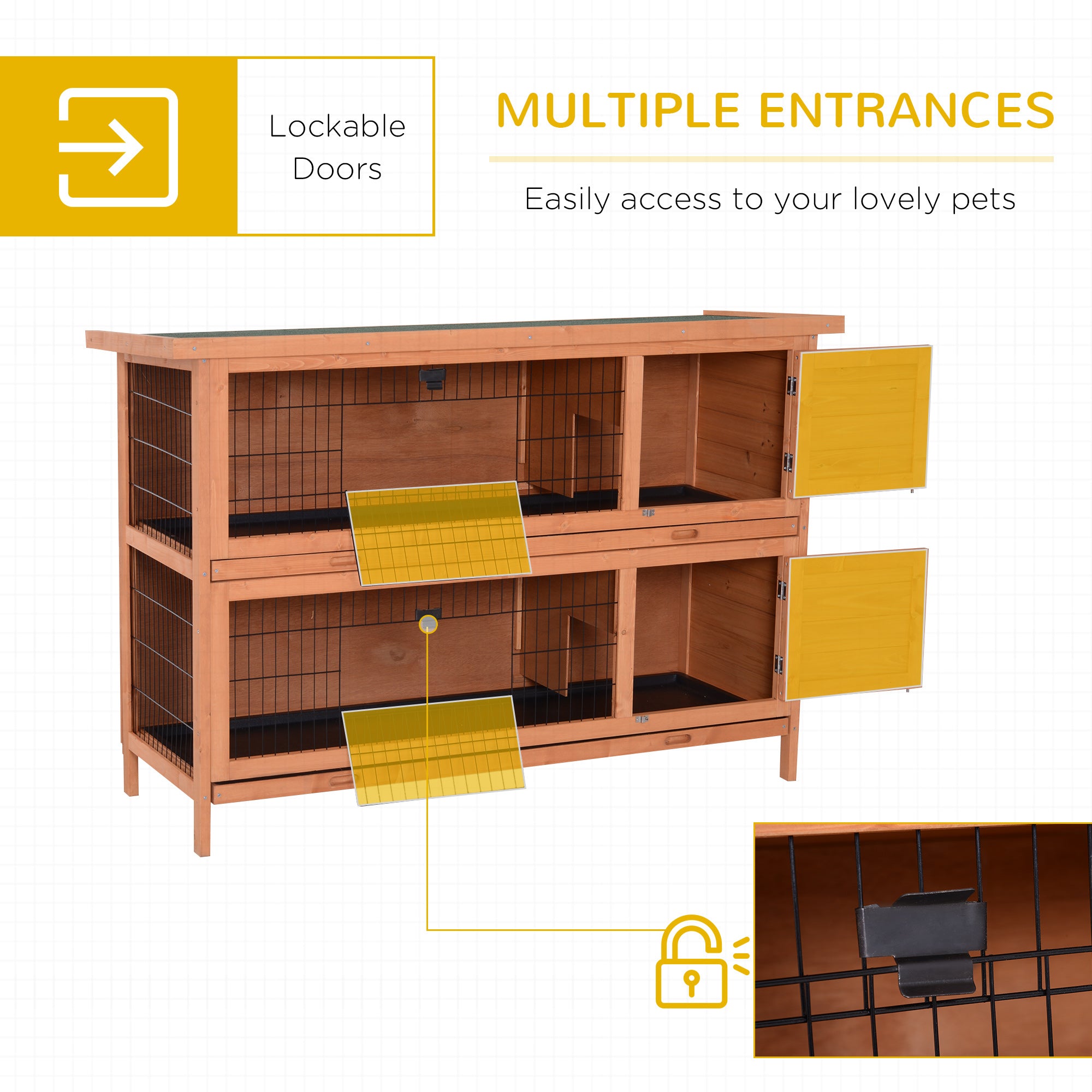 PawHut Rabbit Hutch Outdoor Guinea Pig Hutch Bunny Cage with No-Leak Trays, Divider, 136 x 50 x 93cm, Orange - North Peak Garden Furniture