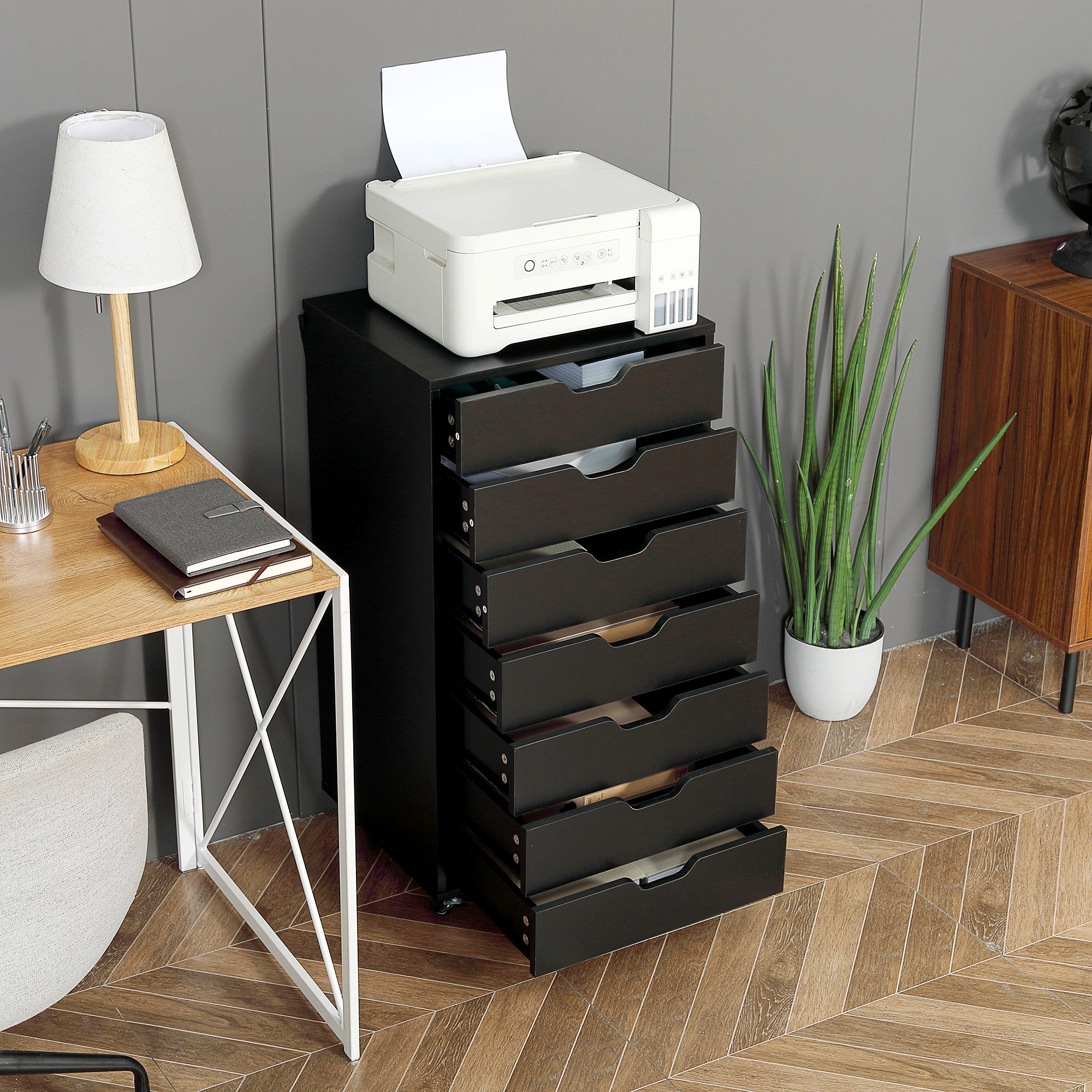 Vinsetto Seven-Drawer Filing Cabinet, with Wheels - Black - North Peak Garden Furniture