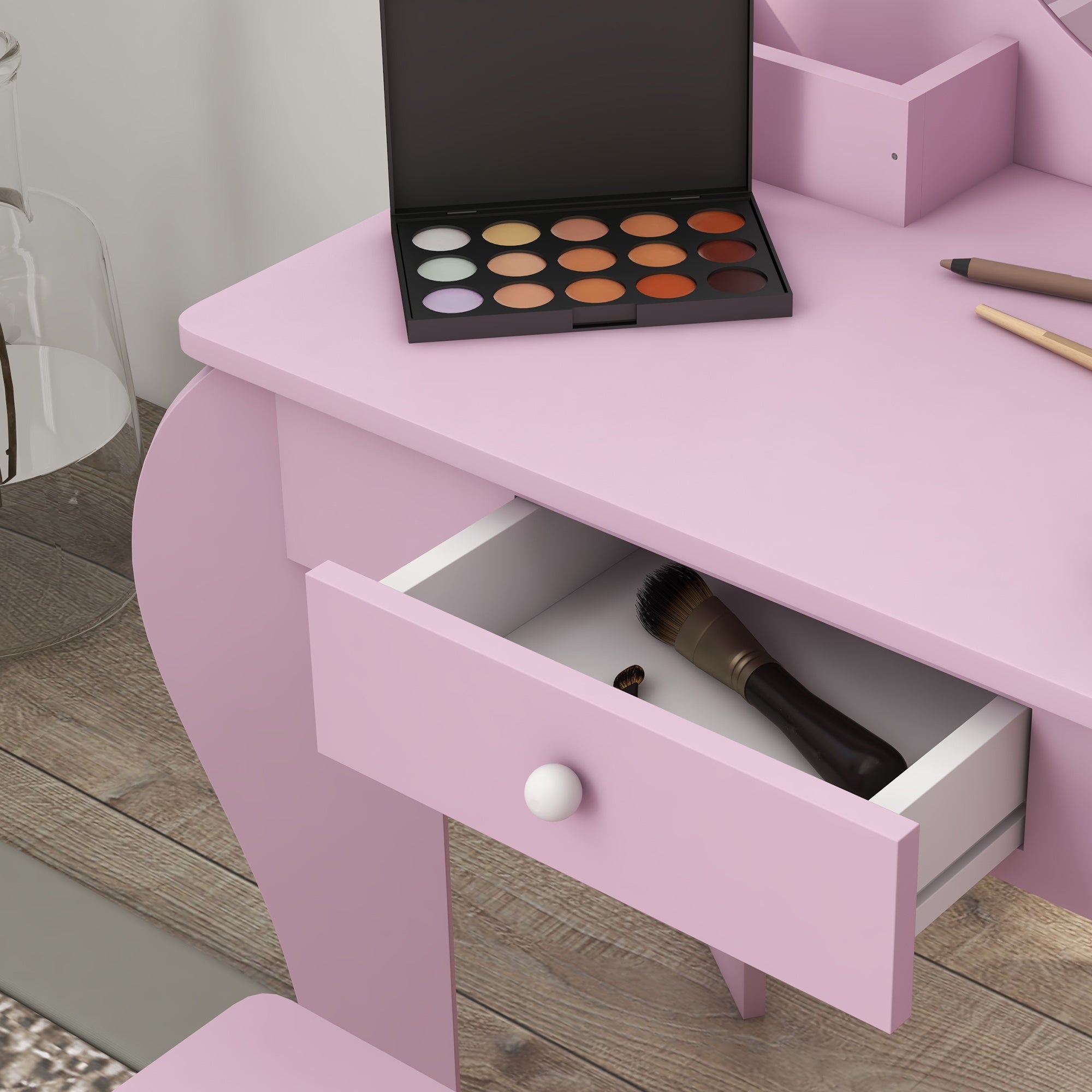 ZONEKIZ Kids Vanity Table with Mirror, Stool, Drawer, Storage Boxes, Cat Design, for Ages 3-6 Years - Pink - North Peak Garden Furniture