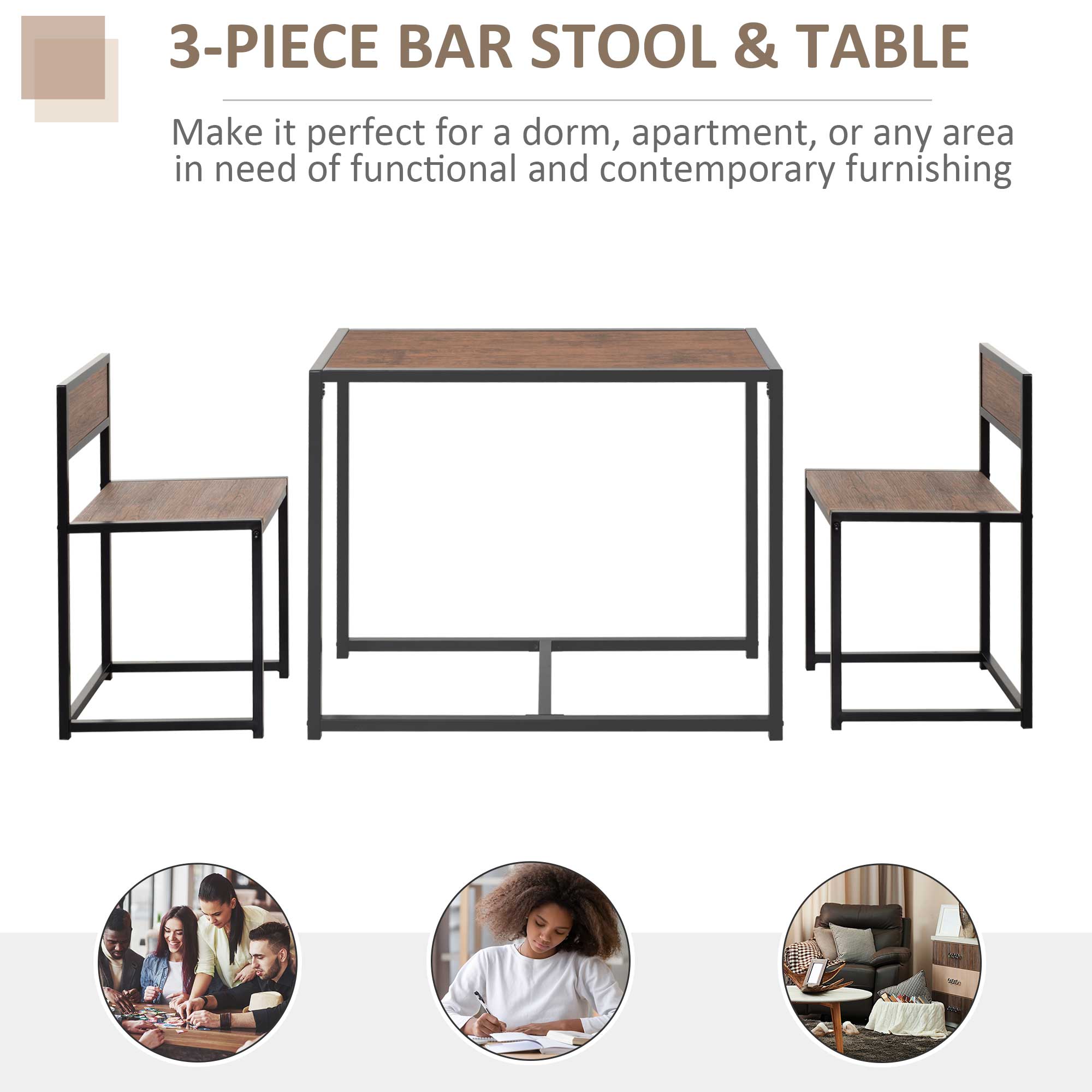 HOMCOM Dining Table and Chairs Set 2, Dining Room Sets, Rectangular Space Saving Table and 2 Chairs for Compact Kitchens, Steel Frame, Natural