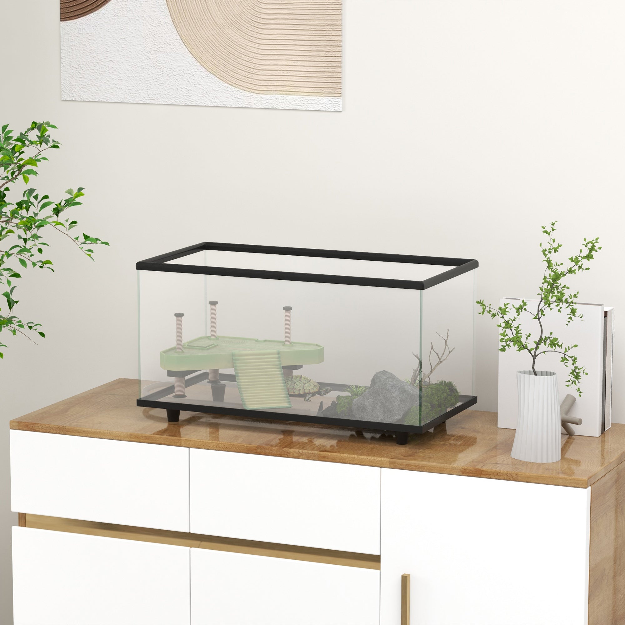 PawHut 50L Glass Turtle Tank Aquarium with Basking Platform, Easy Drainage, Strip Patch Thermometer - North Peak Garden Furniture