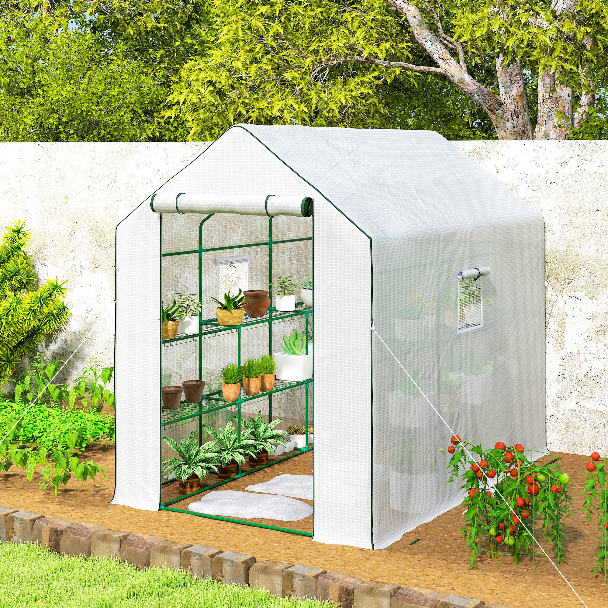 Outsunny Walk-in Greenhouse with 3 Tier Shelves, Outdoor Green House Garden Grow House with Reinforced PE Cover, Roll-up Door and Mesh Windows, 140 x 213 x 190cm, White