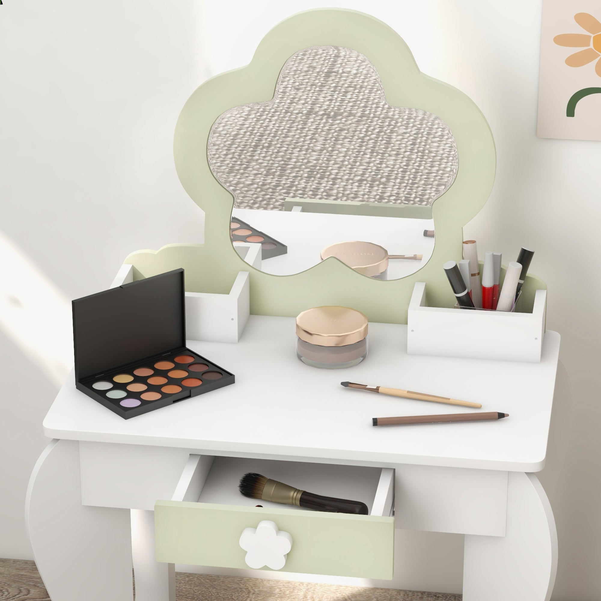 ZONEKIZ Kids Vanity Table with Mirror and Stool, Drawer, Storage Boxes, Flower Design, for Ages 3-6 Years - White - North Peak Garden Furniture