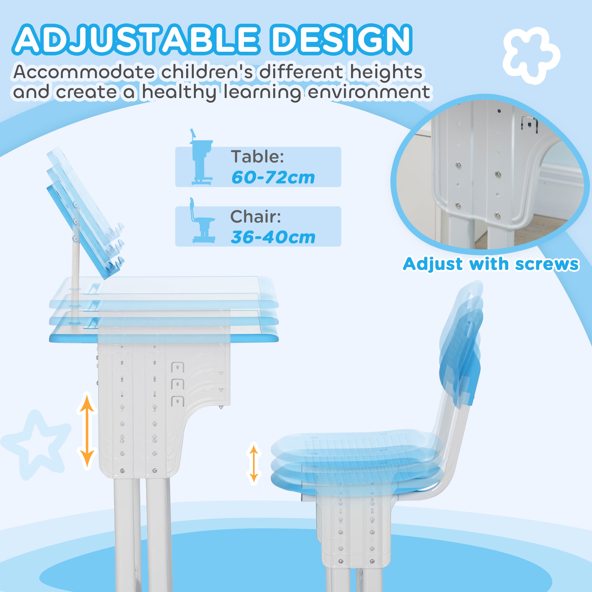 HOMCOM Kids Adjustable Desk and Chair Set, Book Stand, Pen Slot - Blue - North Peak Garden Furniture