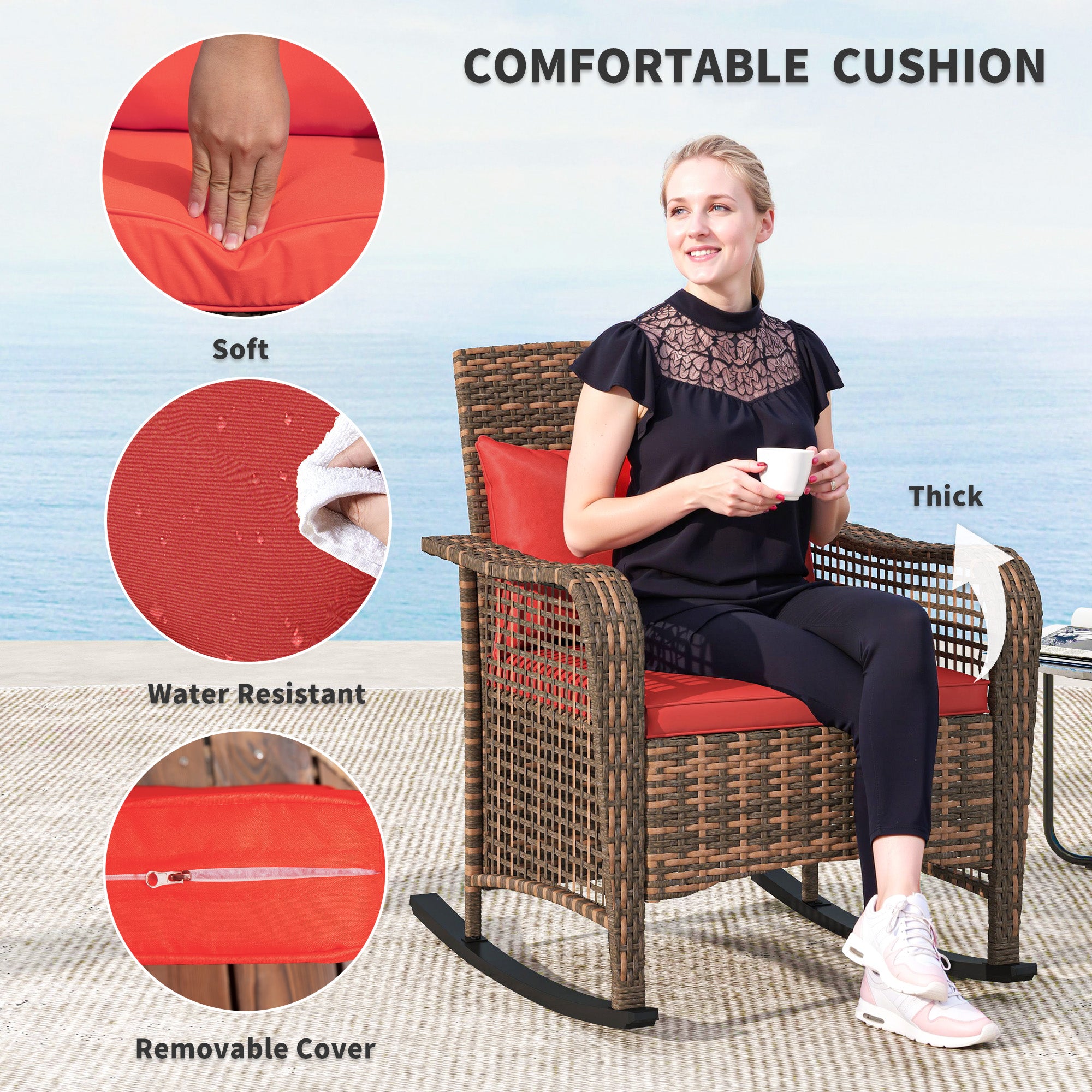 Outsunny Garden Rocking Chair, Outdoor Rattan Rocker Lounge Chair with Seat and Back Cushions, Patio Armchair Seat with All-weather Wicker, Steel Frame for Porch Balcony, Red - North Peak Garden Furniture