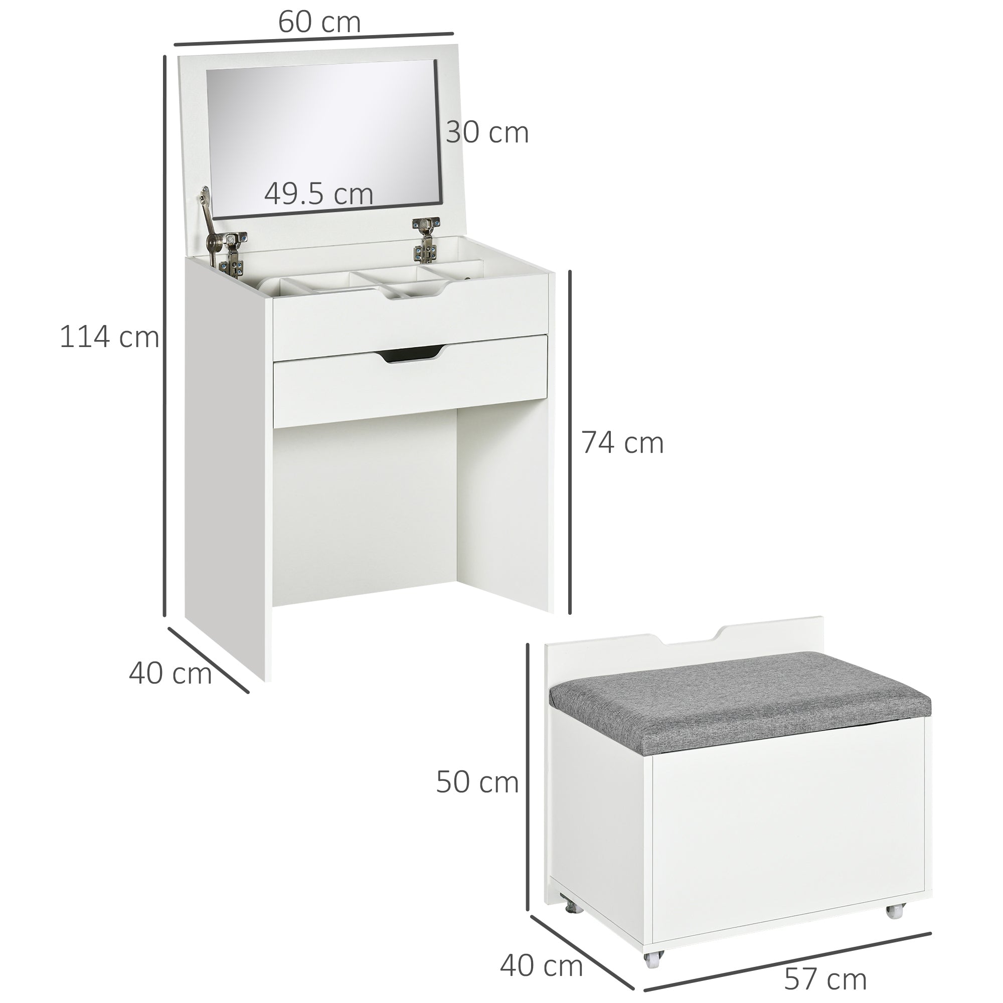 HOMCOM Dressing Table with Flip-up Mirror and Storage Stool, Vanity Table with Drawer and Hidden Compartments for Bedroom, Living Room, White - North Peak Garden Furniture