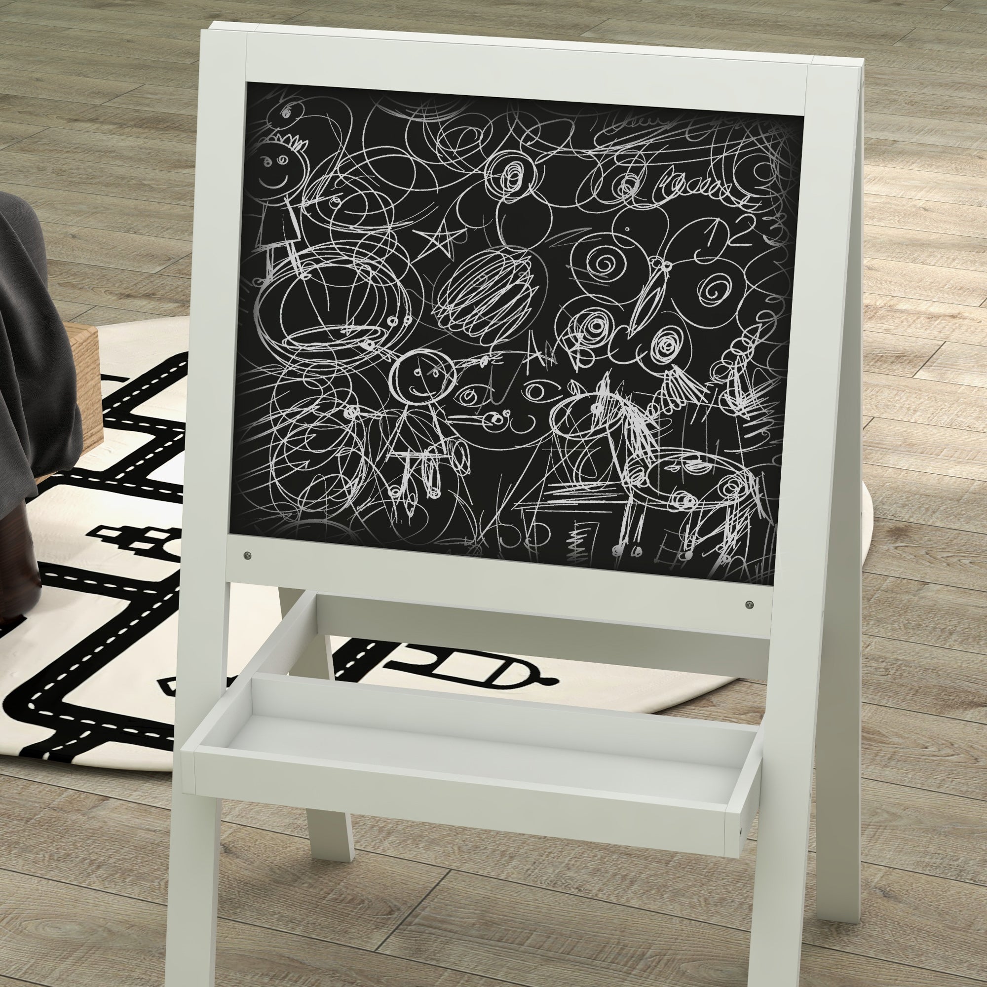 AIYAPLAY Kids Easel, Art Easel with Double Sided Whiteboard, Chalkboard, Storage, 2 in 1 Standing Easel for Toddlers 18-48 Months, White - North Peak Garden Furniture