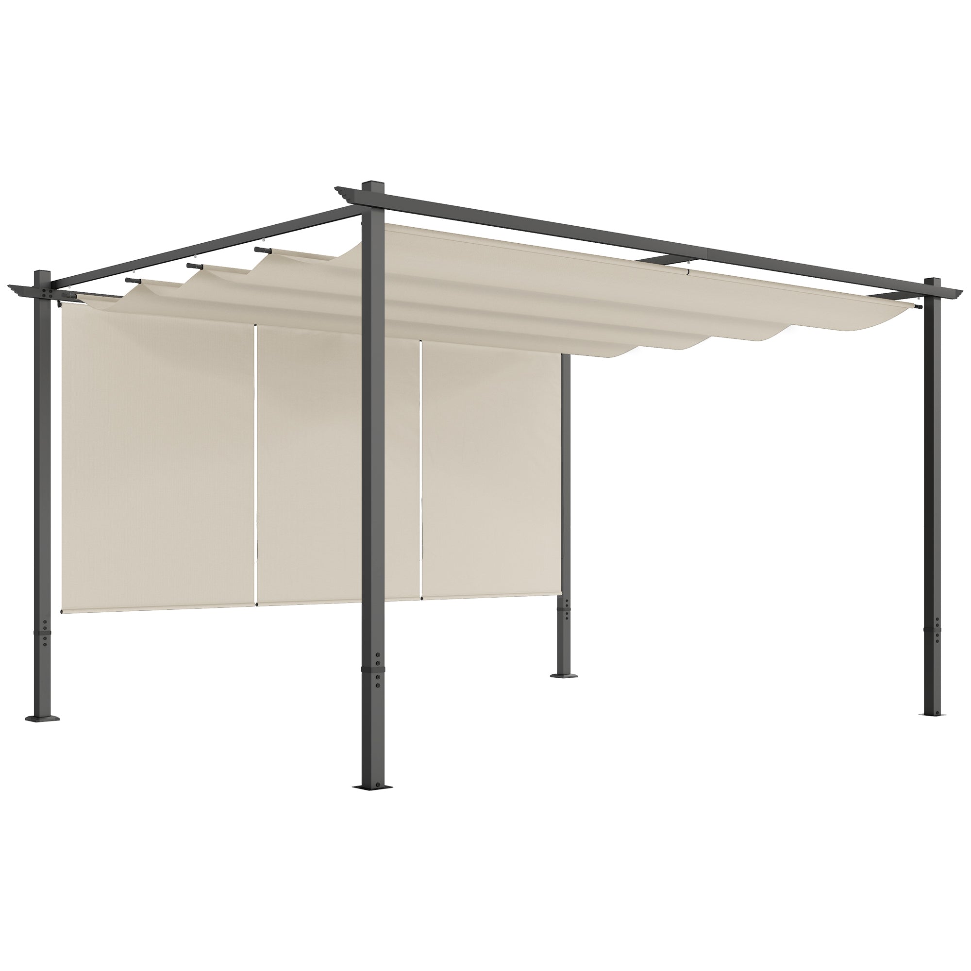 Outsunny 3 x 4m Metal Pergola with Retractable Roof and Roller Shade, Wall-Mounted or Free Standing Garden Gazebo Canopy Pergola Kit, UPF30+ Outdoor Sun Shade Shelter, Beige - North Peak Garden Furniture