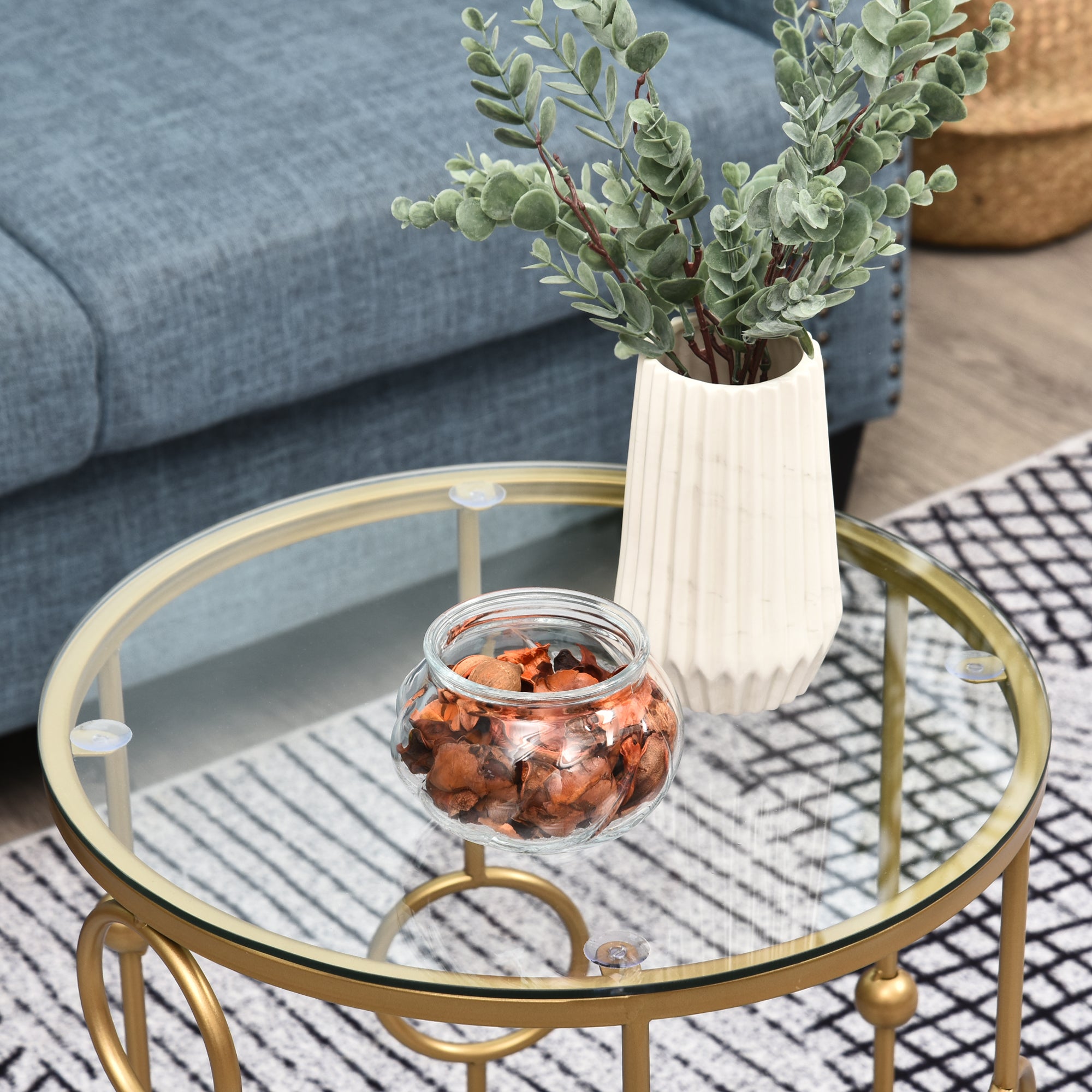 HOMCOM Round Coffee Tables Set of 2, Gold Nesting Side End Tables with Tempered Glass Top, Steel Frame for Living Room, Gold - North Peak Garden Furniture