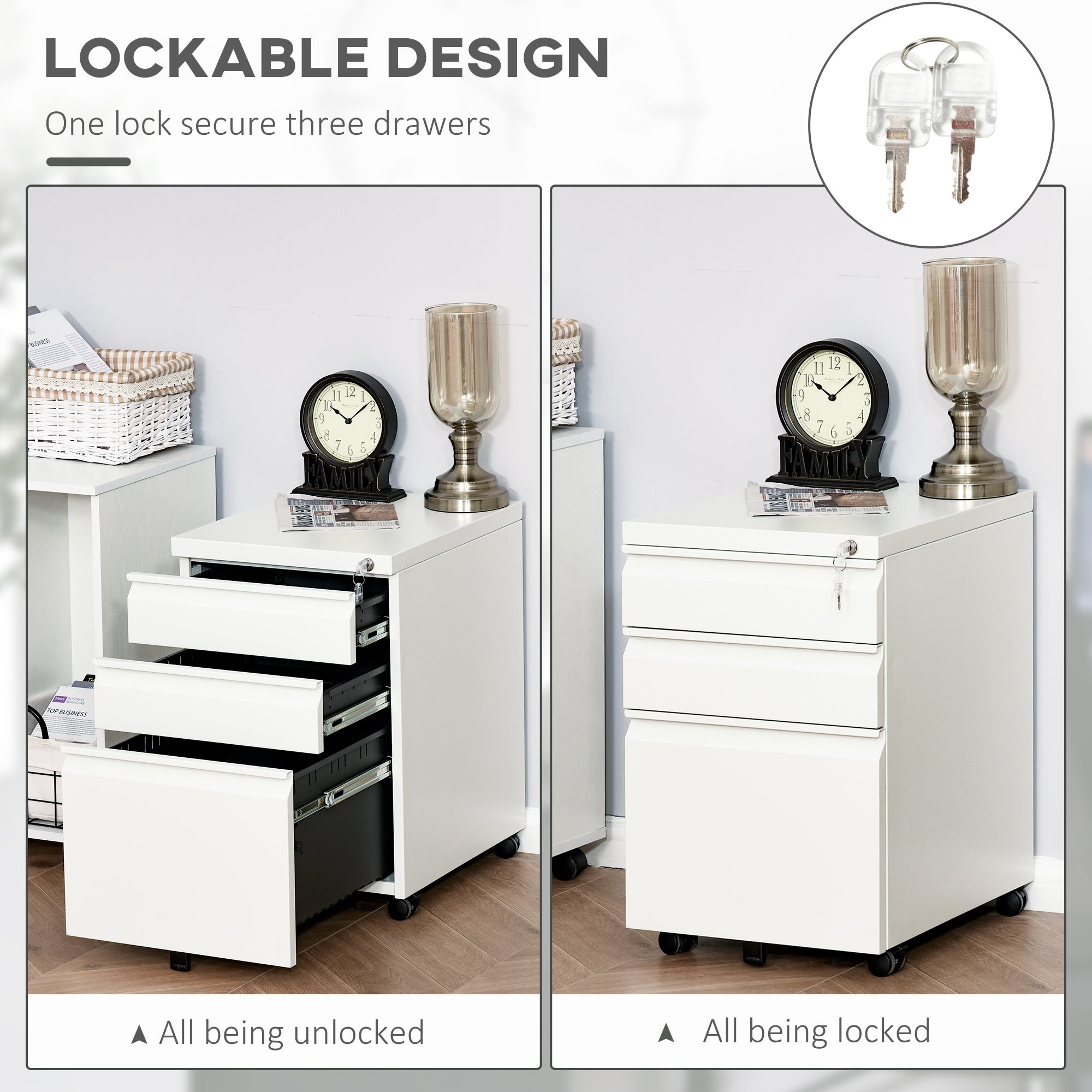 Vinsetto 3 Drawer Filling Cabinet, Mobile Metal File Cabinet with Anti-tilt Design for Letter, A4, Legal Size, White - North Peak Garden Furniture