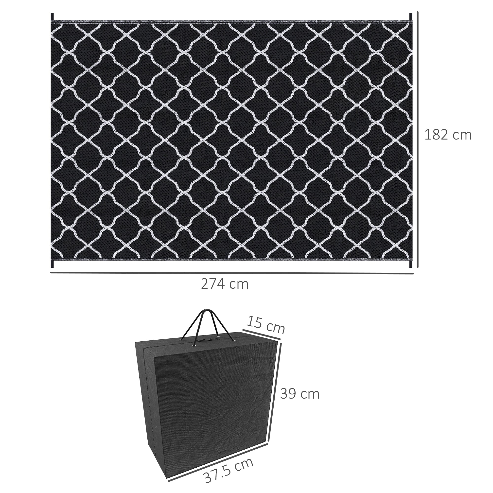 Outsunny Reversible Outdoor Rug, Plastic Straw Mat w/ Carry Bag Ground Stakes for Garden RV Picnic Beach Camping 182x274cm Black - North Peak Garden Furniture