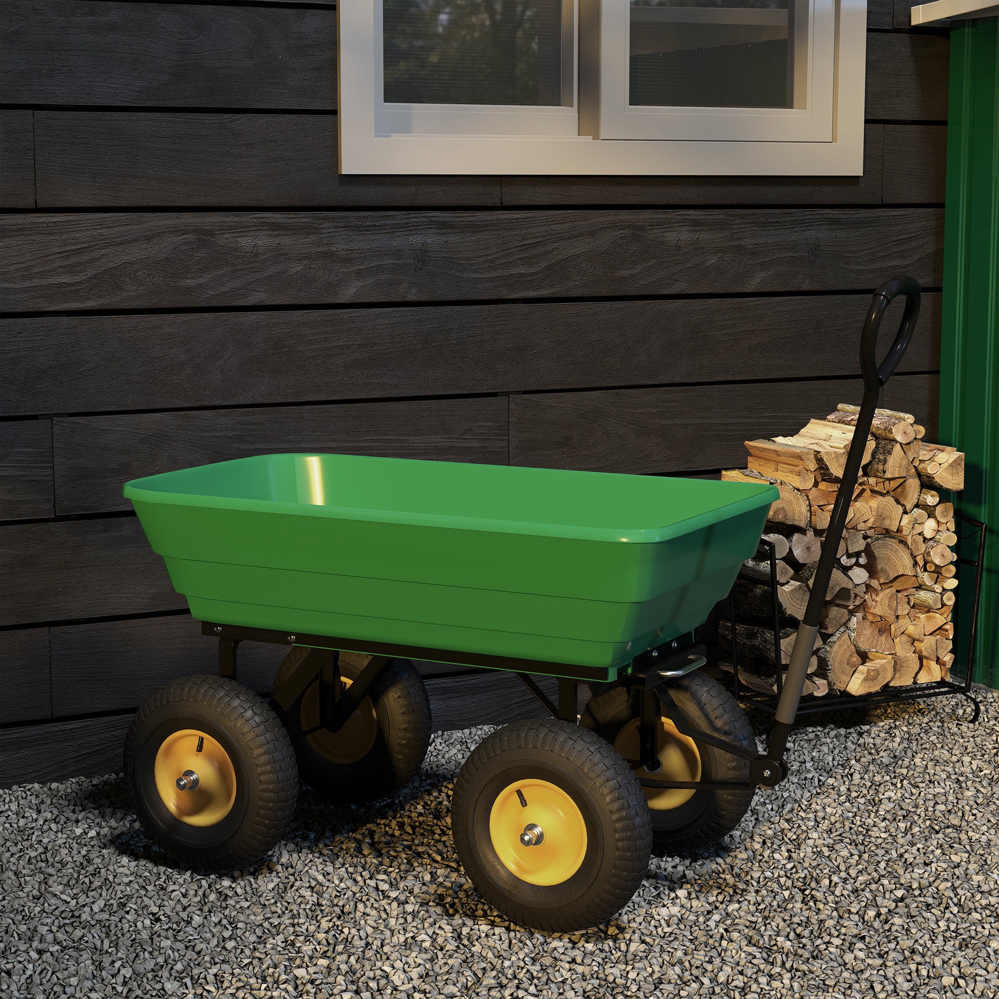 Outsunny 75 Litre Large Garden Cart Heavy Duty 4 Wheel Trolley Dump Wheelbarrow Tipping Truck Trailer - Green