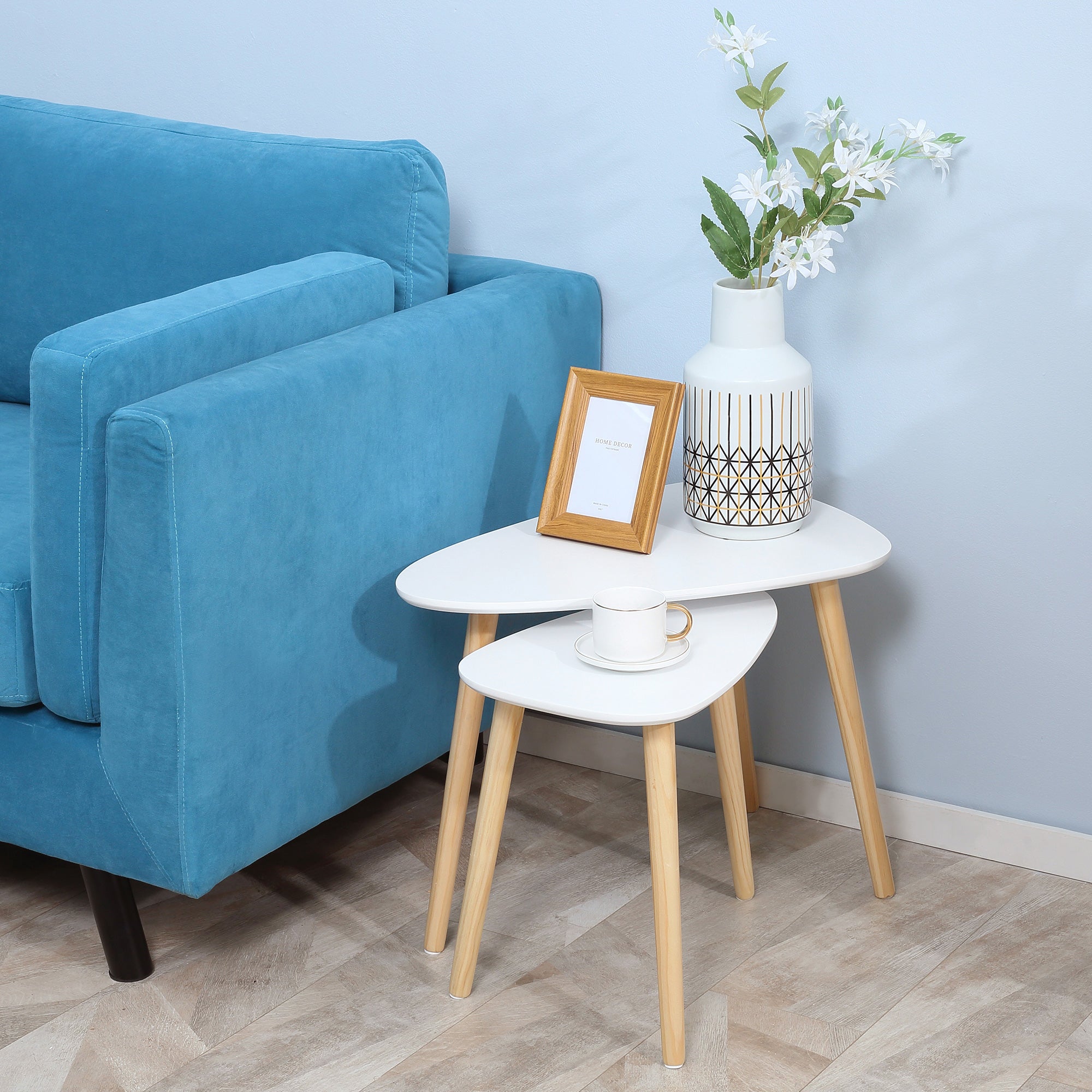 HOMCOM Nesting Coffee Table, Set of 2 Side Tables, Stacking End Tables with Solid Wood Legs, for Living Room Bedroom, White - North Peak Garden Furniture