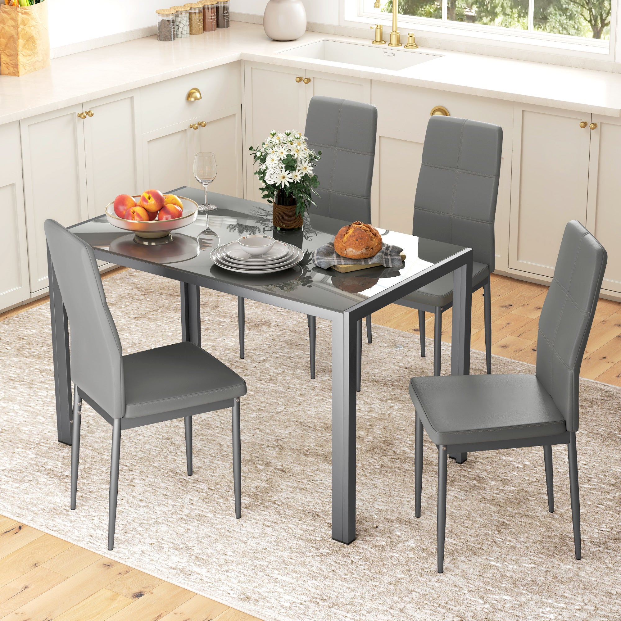 HOMCOM 5-Piece Kitchen Dining Table Set with 4 Faux Leather Metal Frame Chairs Glass Tabletop Desk for Dining Room, Kitchen, Dinette, Grey - North Peak Garden Furniture
