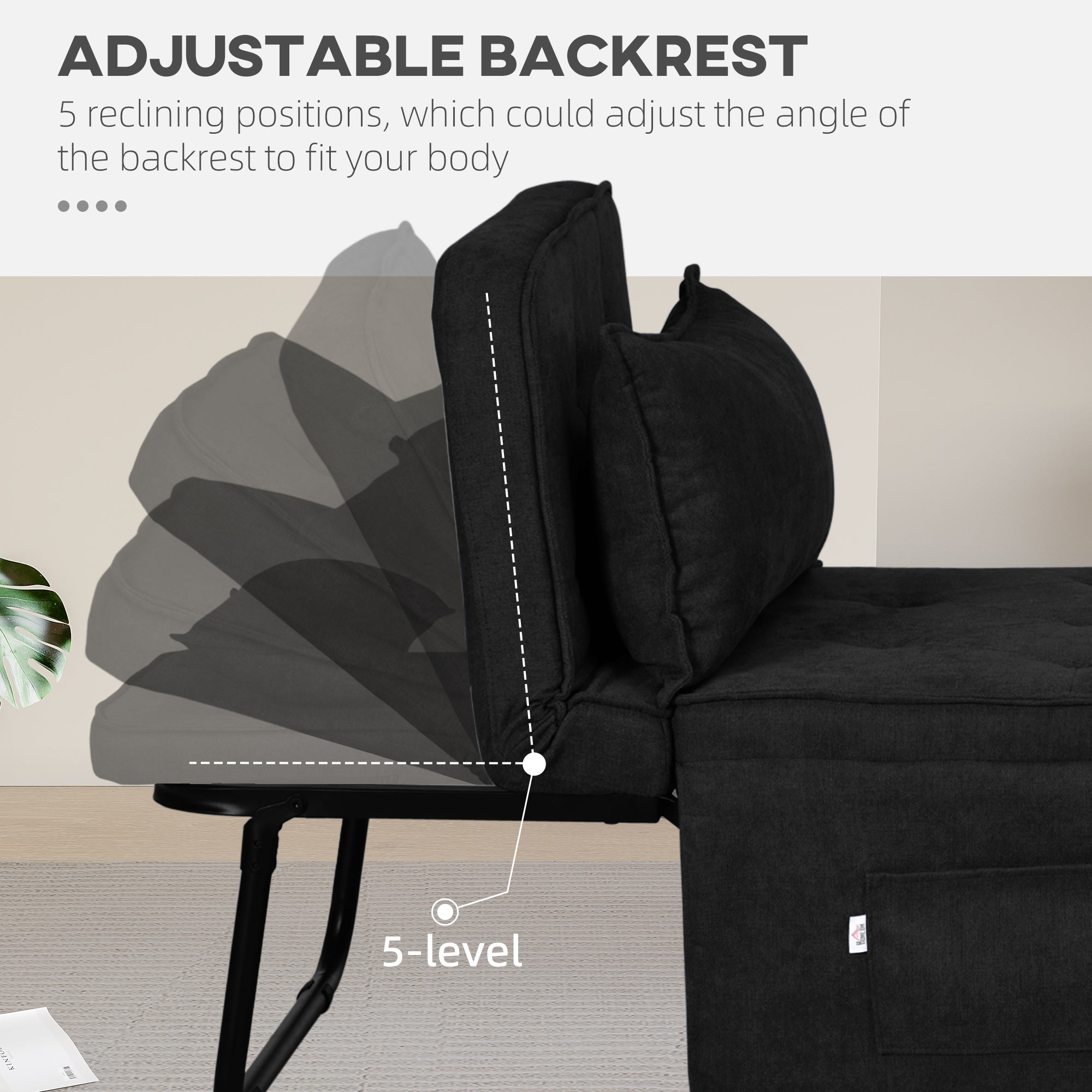 HOMCOM Fabric Sleeper Chair, Folding Chair Bed with Adjustable Backrest, Pillow, Side Pockets for Living Room, Black - North Peak Garden Furniture