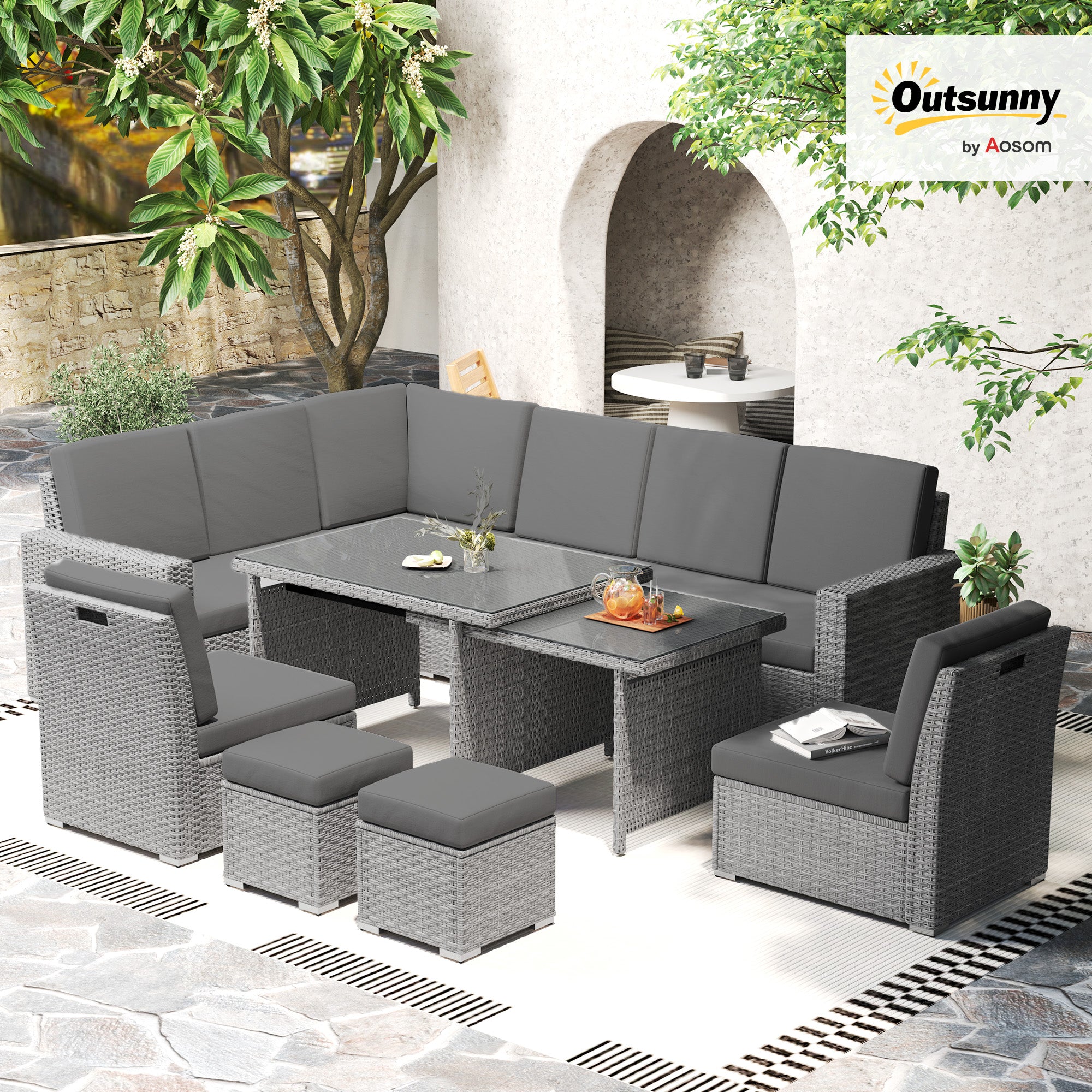 Outsunny Seven-Piece Rattan Garden Sofa Set, with Expanding Table - Light Grey - North Peak Garden Furniture