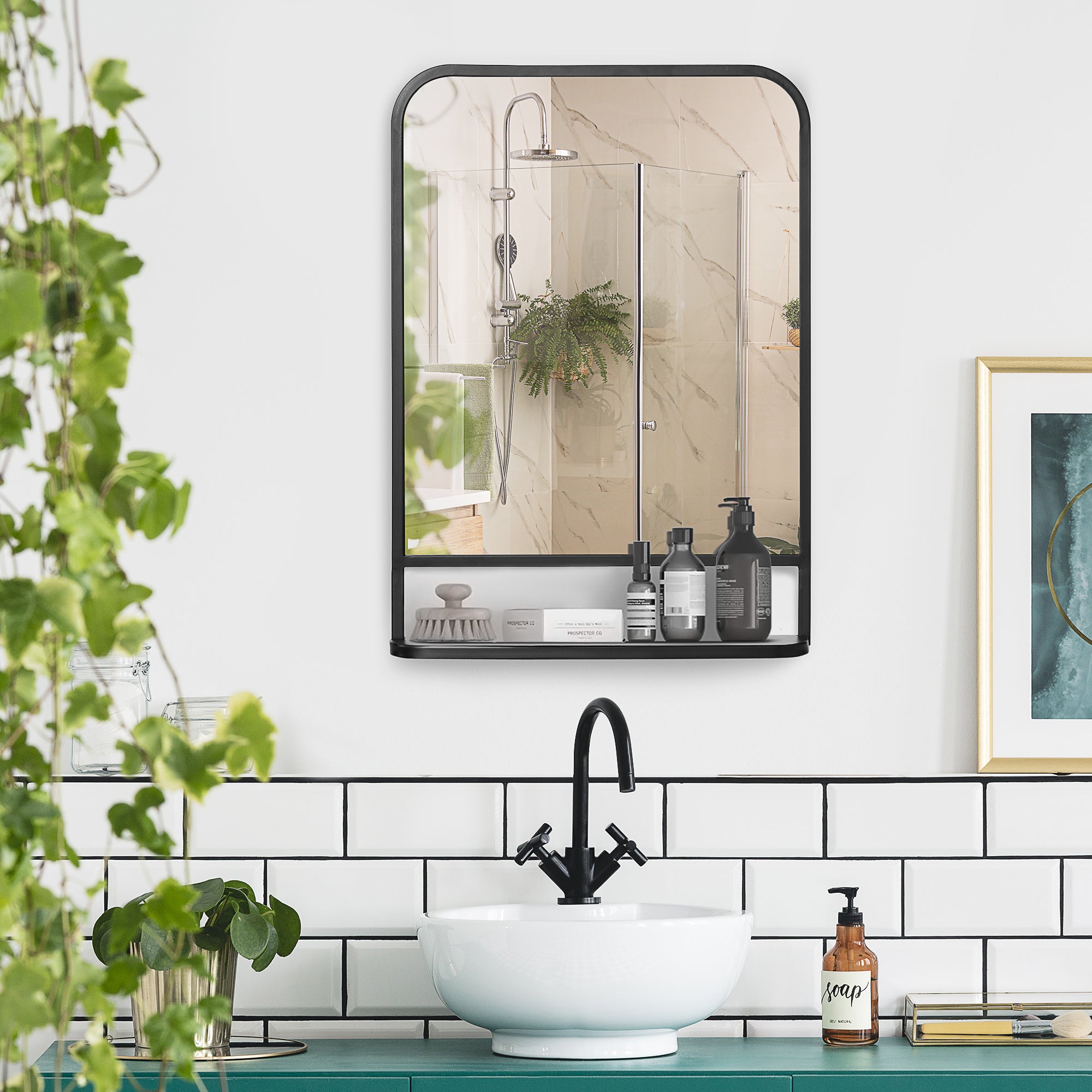HOMCOM Modern Square Wall Mirror with Storage Shelf, 70 x 50 cm Mirrors for Living Room, Bedroom, Black - North Peak Garden Furniture