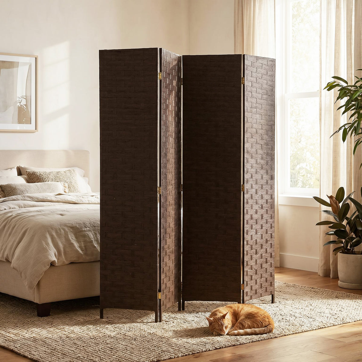 HOMCOM Wave Fibre Freestanding Folding Privacy Screen Panels, Room Divider, Dark Brown
