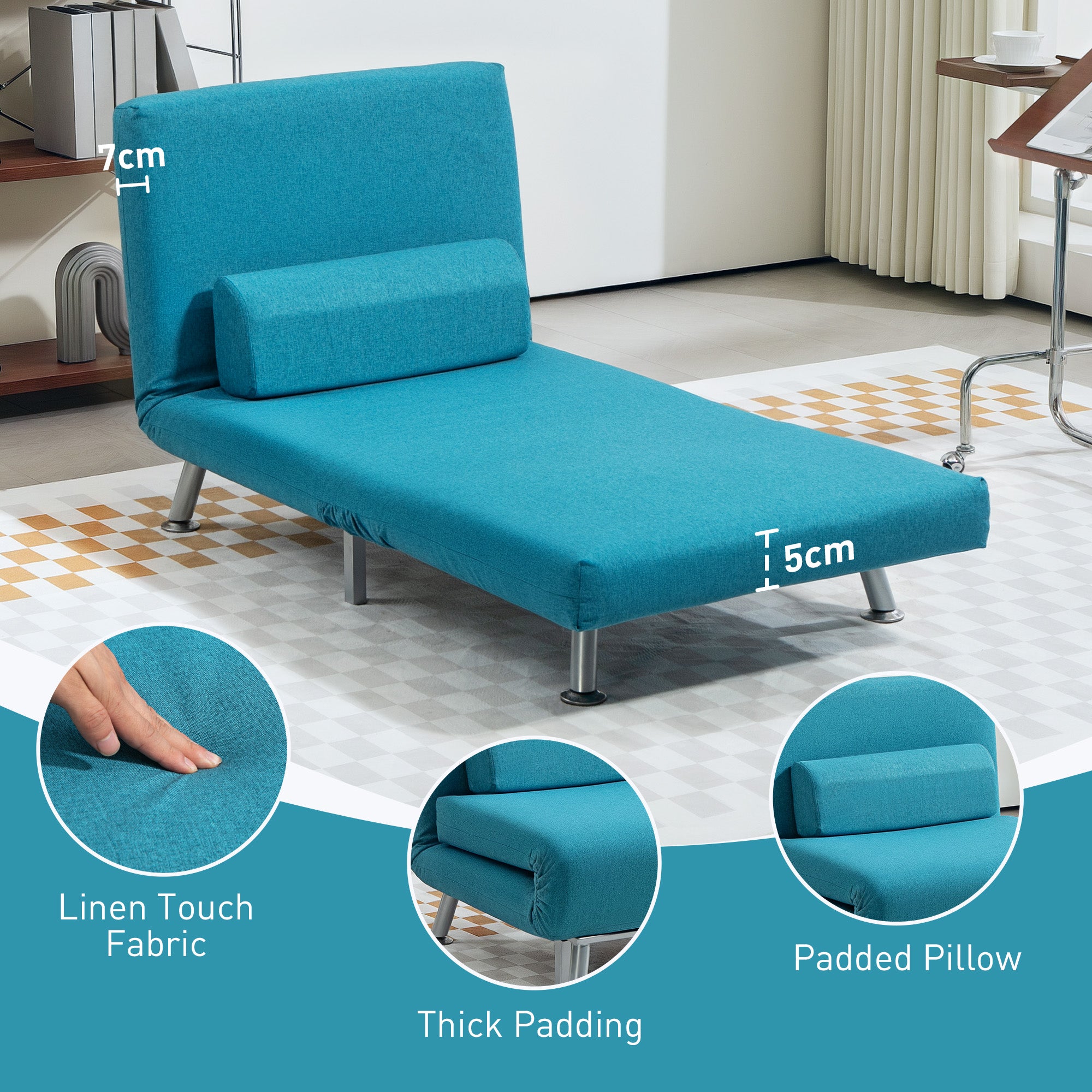 HOMCOM Single Linen-Feel Sleeper Chair - Dark Blue - North Peak Garden Furniture