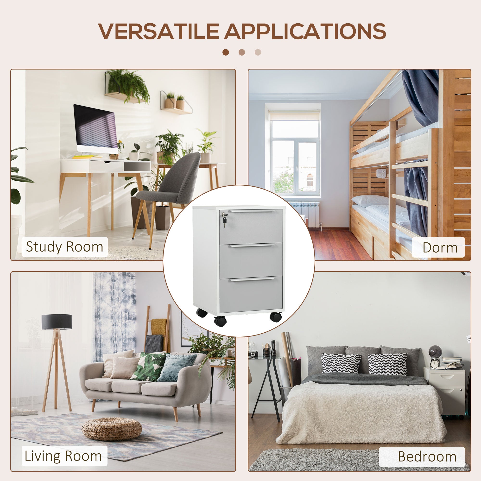 HOMCOM 3-Drawer Locking File Cabinet Mobile Chest of Drawers Side Table on Wheels for Home Office, Bedroom and Living room - North Peak Garden Furniture