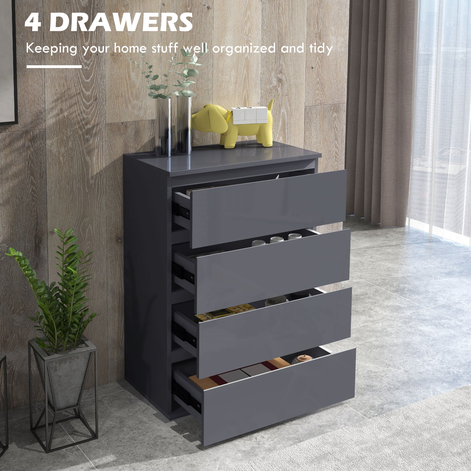 HOMCOM High Gloss Chest of Drawers, 4-Drawer Storage Cabinets, Modern Dresser, Storage Drawer Unit for Bedroom - North Peak Garden Furniture