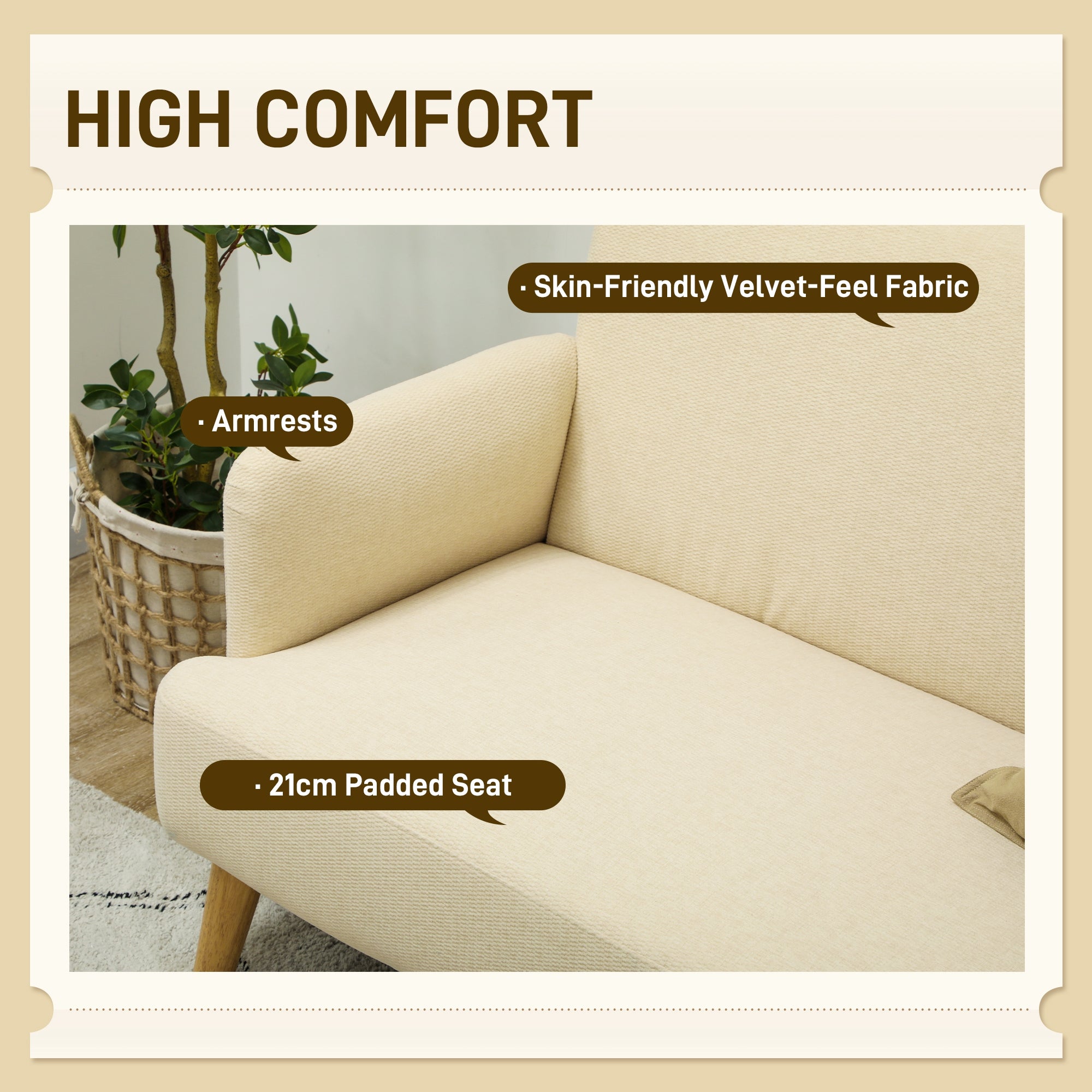 HOMCOM Velvet Feel Fabric 2 Seater Sofa, Small Sofa Loveseat with 21cm Thick Padding and Wood Legs, Cream White - North Peak Garden Furniture