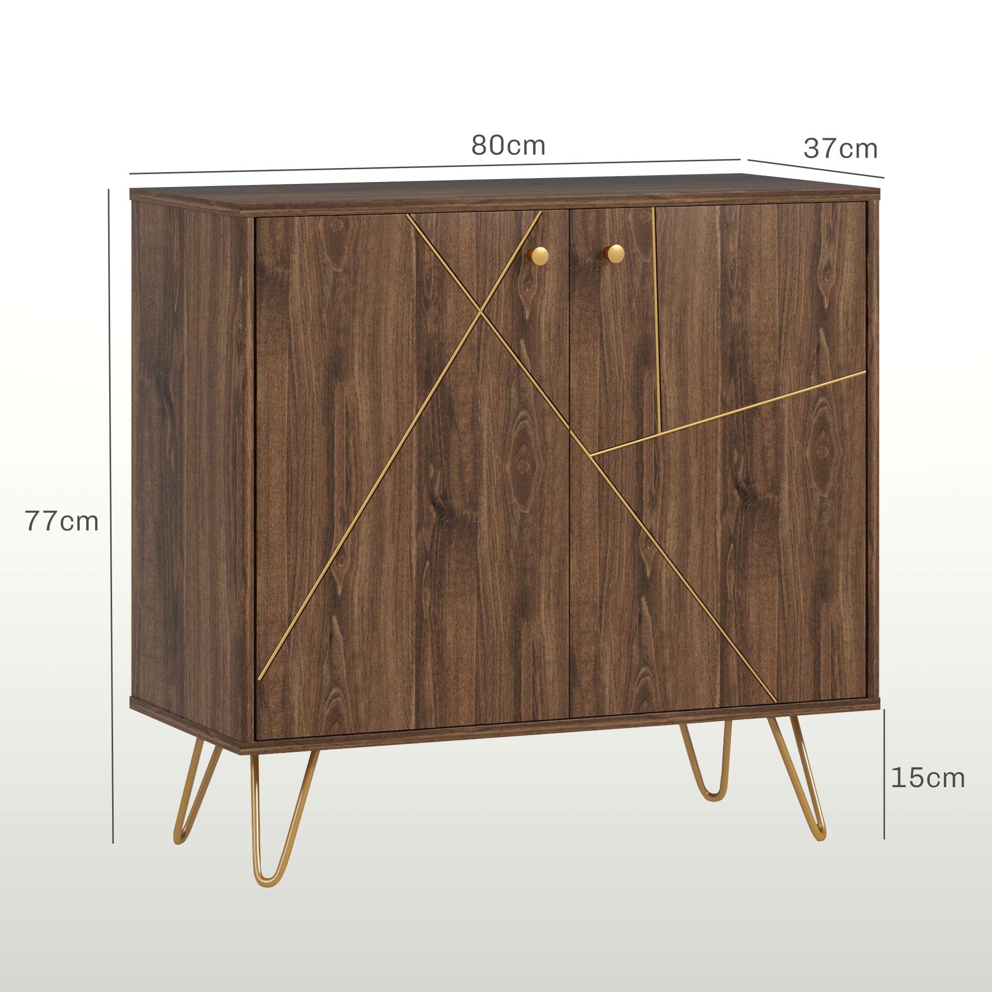 HOMCOM Sideboard Storage Cabinet with Golden Steel Lines, modern rustic Kitchen Buffet Cabinet with Adjustable Shelf Steel Legs for Living Room Dining Room, Brown - North Peak Garden Furniture