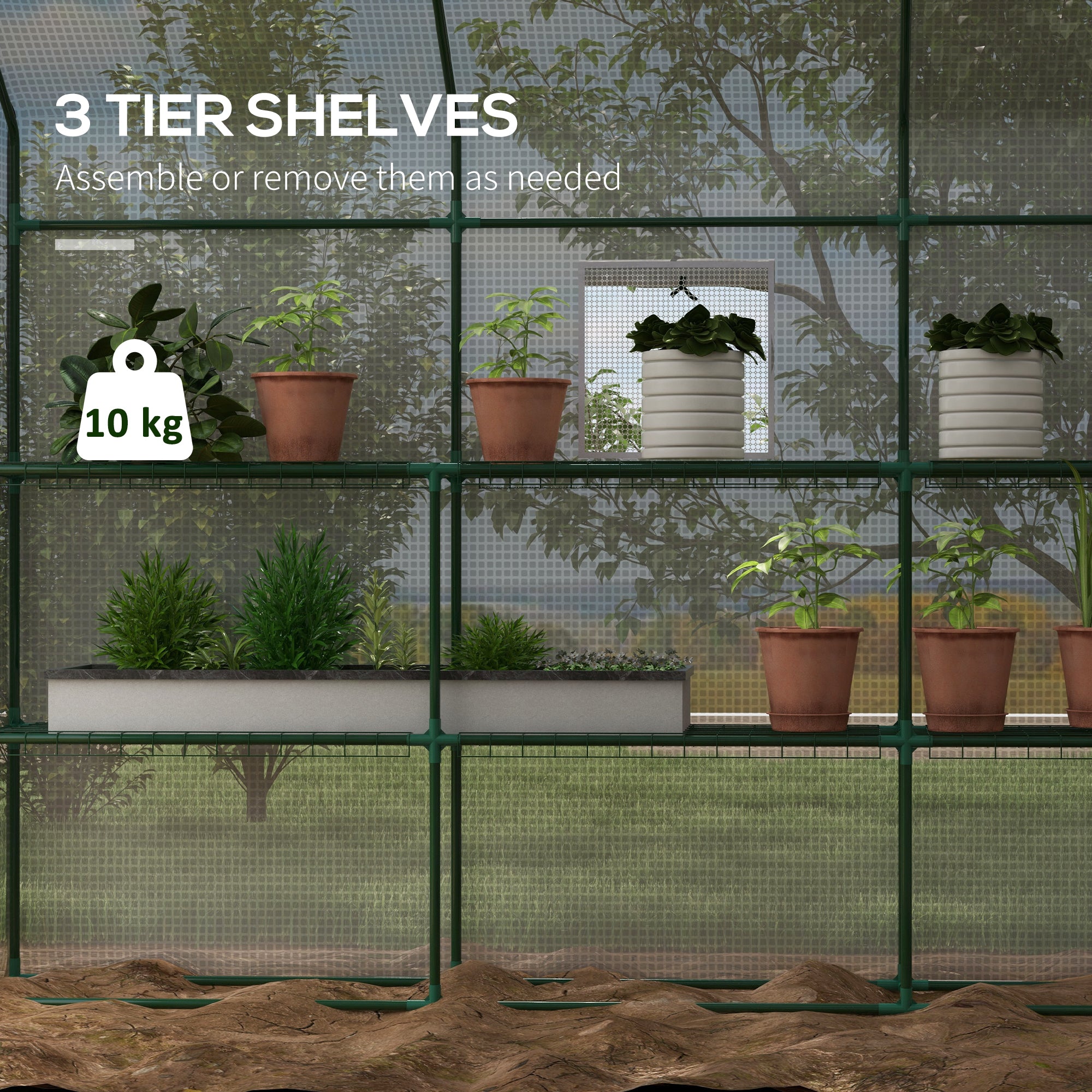 Outsunny Walk-in Greenhouse with 3 Tier Shelves, Outdoor Green House Garden Grow House with Reinforced PE Cover, Roll-up Door and Mesh Windows, 140 x 213 x 190cm, White - North Peak Garden Furniture