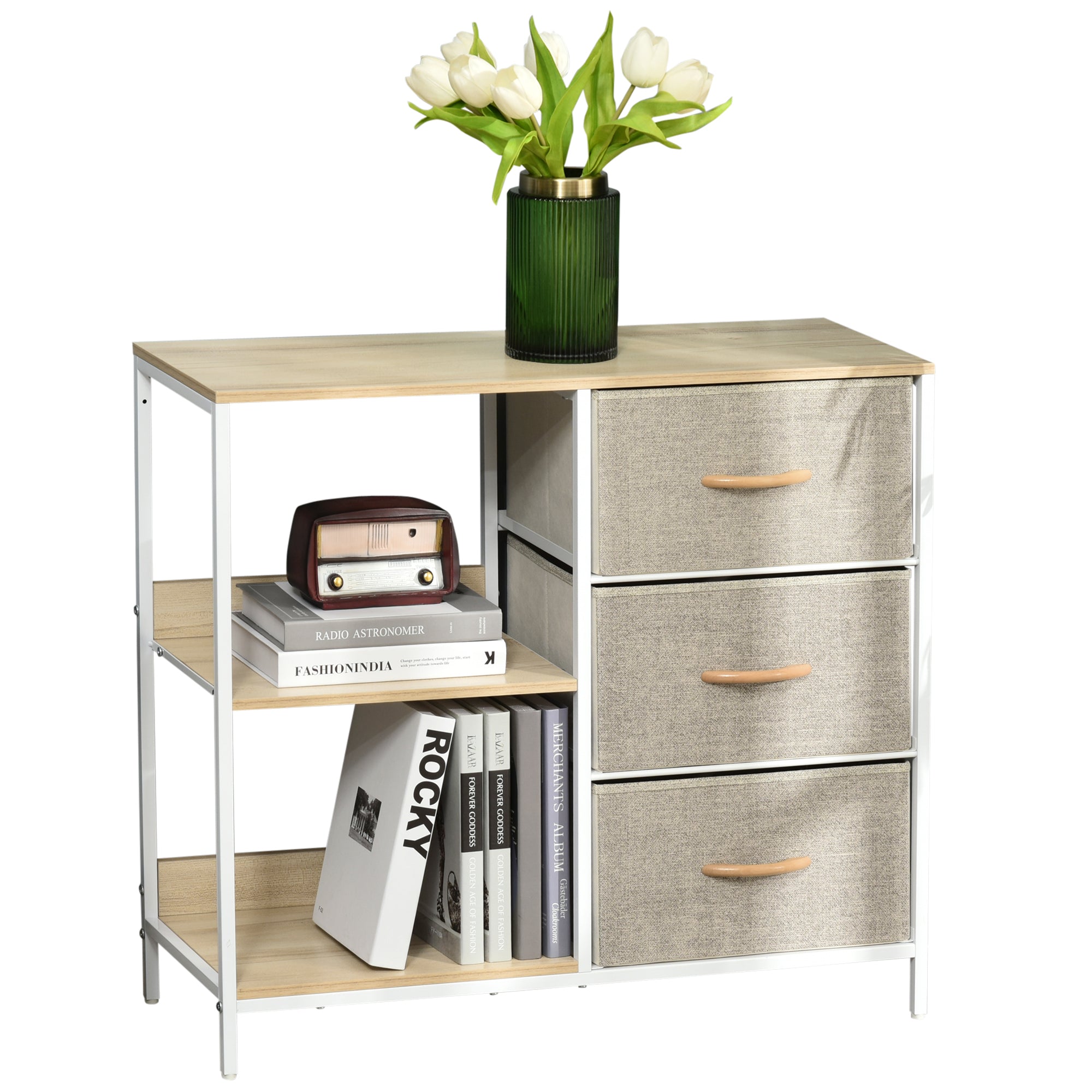 HOMCOM Chest of Drawers Storage  Dresser Cabinet Organizer with 3 Fabric Drawers and 2 Display Shelves for Living Room, Bedroom, Hallway, Beige