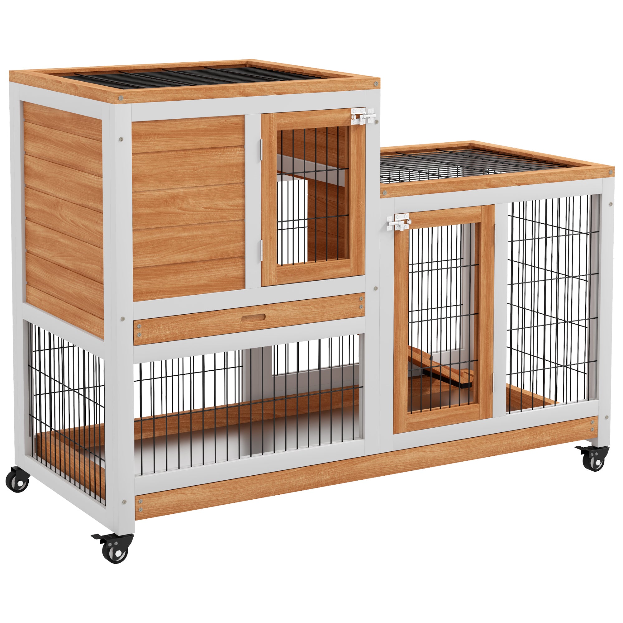 PawHut Wooden Indoor Hutch Elevated Cage w/ Wheel, Run, Yellow - North Peak Garden Furniture