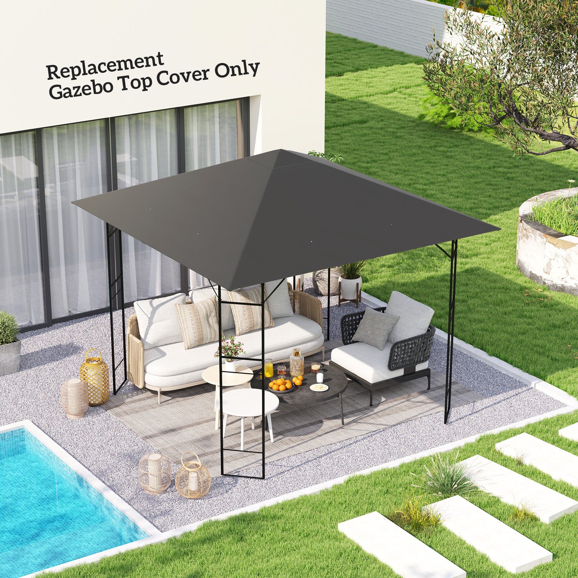 Outsunny 3 x 3(m) Gazebo Canopy Replacement Cover, Garden Gazebo Roof Replacement with Drain Holes, Water Resistant PVC Coating, 370g/㎡, UPF30+, TOP COVER ONLY, Grey - North Peak Garden Furniture