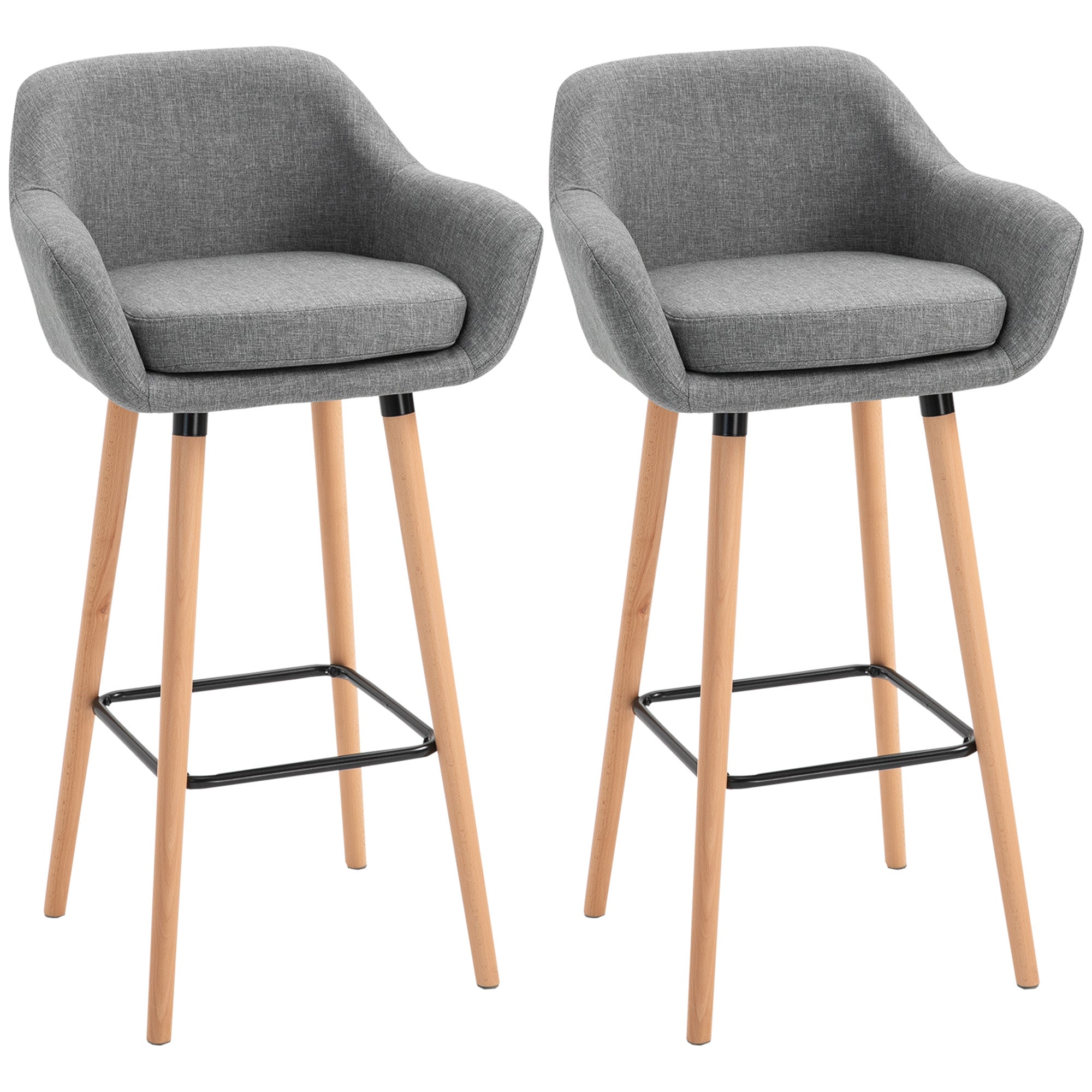 HOMCOM Set of 2 Bar Stools Modern Upholstered Seat Bar Chairs w/ Metal Frame, Solid Wood Legs Living Room Dining Room Fabric Furniture - Grey