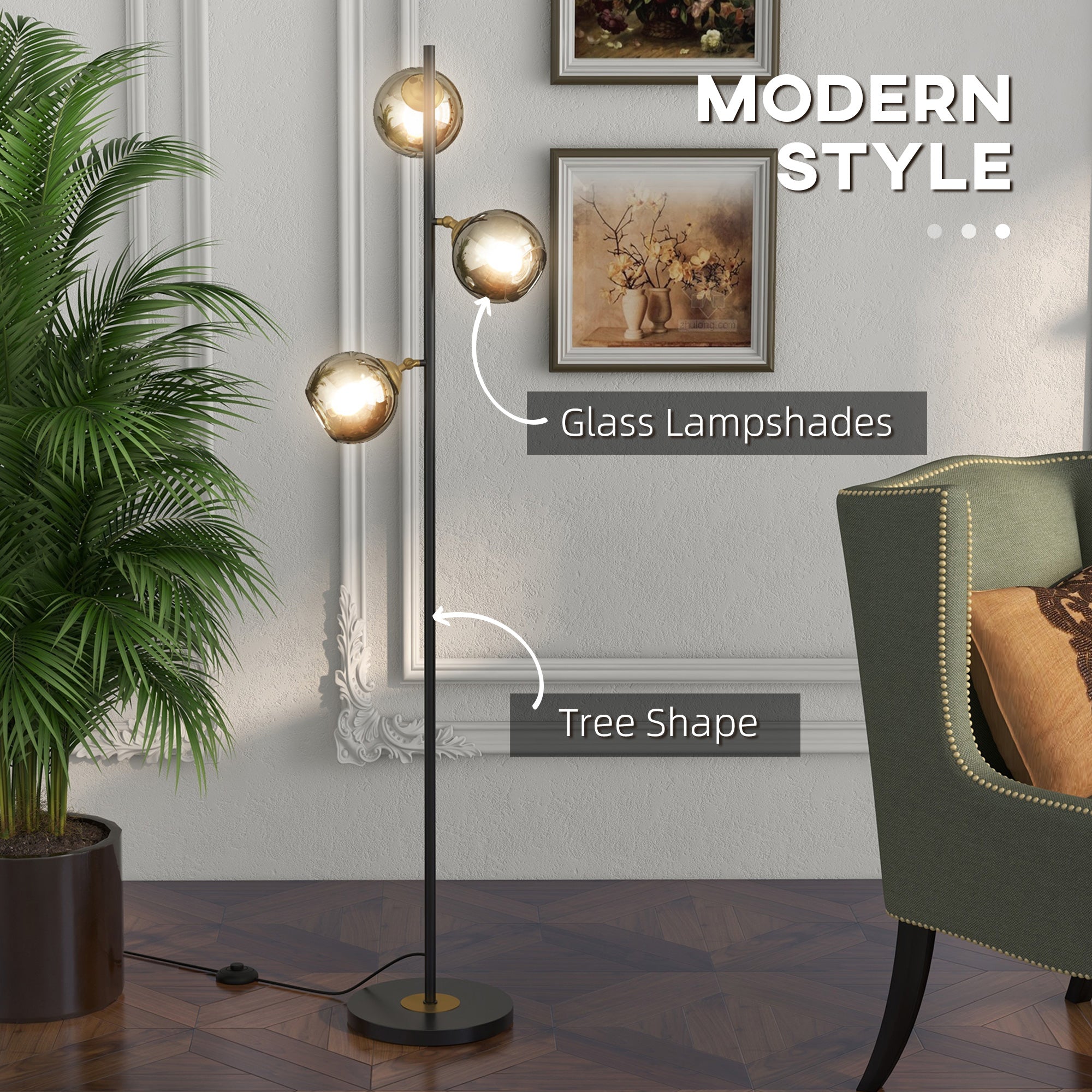 HOMCOM Tree Floor Lamp for Living Room Bedroom with 3 Light, Modern Standing Lamp, (Bulb not Included), 162cm, Grey - North Peak Garden Furniture