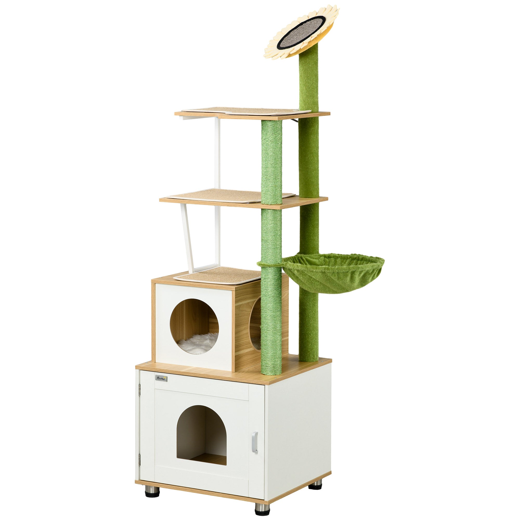 PawHut Cat Tree with Cat Litter Box for Indoor Cats, with Scratching Post, Cat House, Hammock - Oak Tone