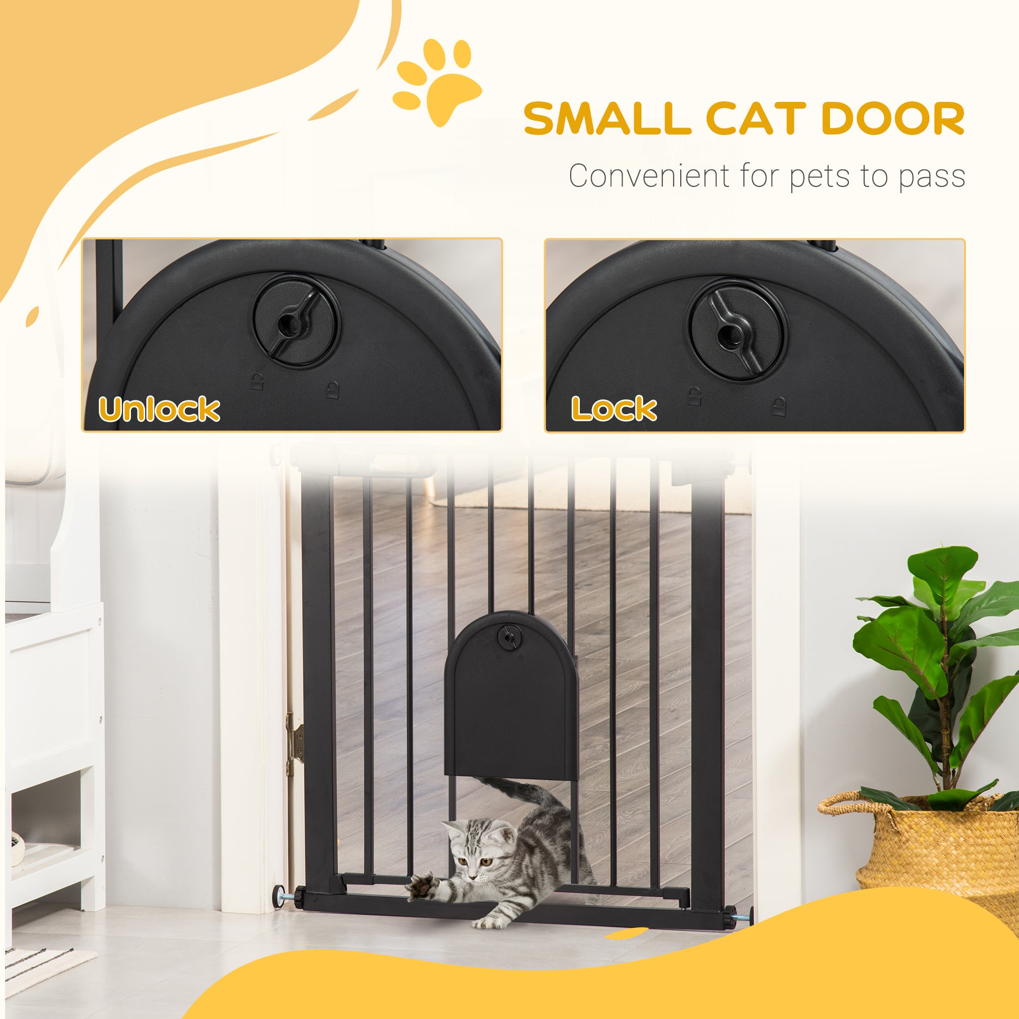 PawHut Dog Gate with Cat Flap Pet Safety Gate Barrier, Stair Pressure Fit, Auto Close, Double Locking, for Doorways, Hallways, 75-82 cm Black - North Peak Garden Furniture