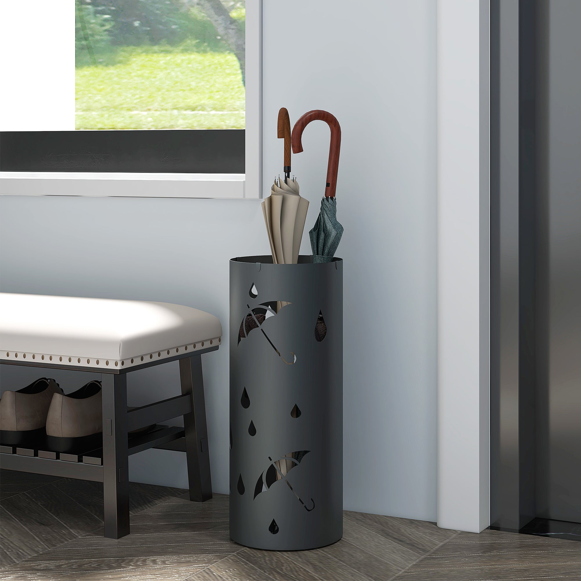 HOMCOM Freestanding Umbrella Stand for Hallway, Round Umbrella Basket with 4 Hooks and Drip Tray for Entryway, Dark Grey - North Peak Garden Furniture