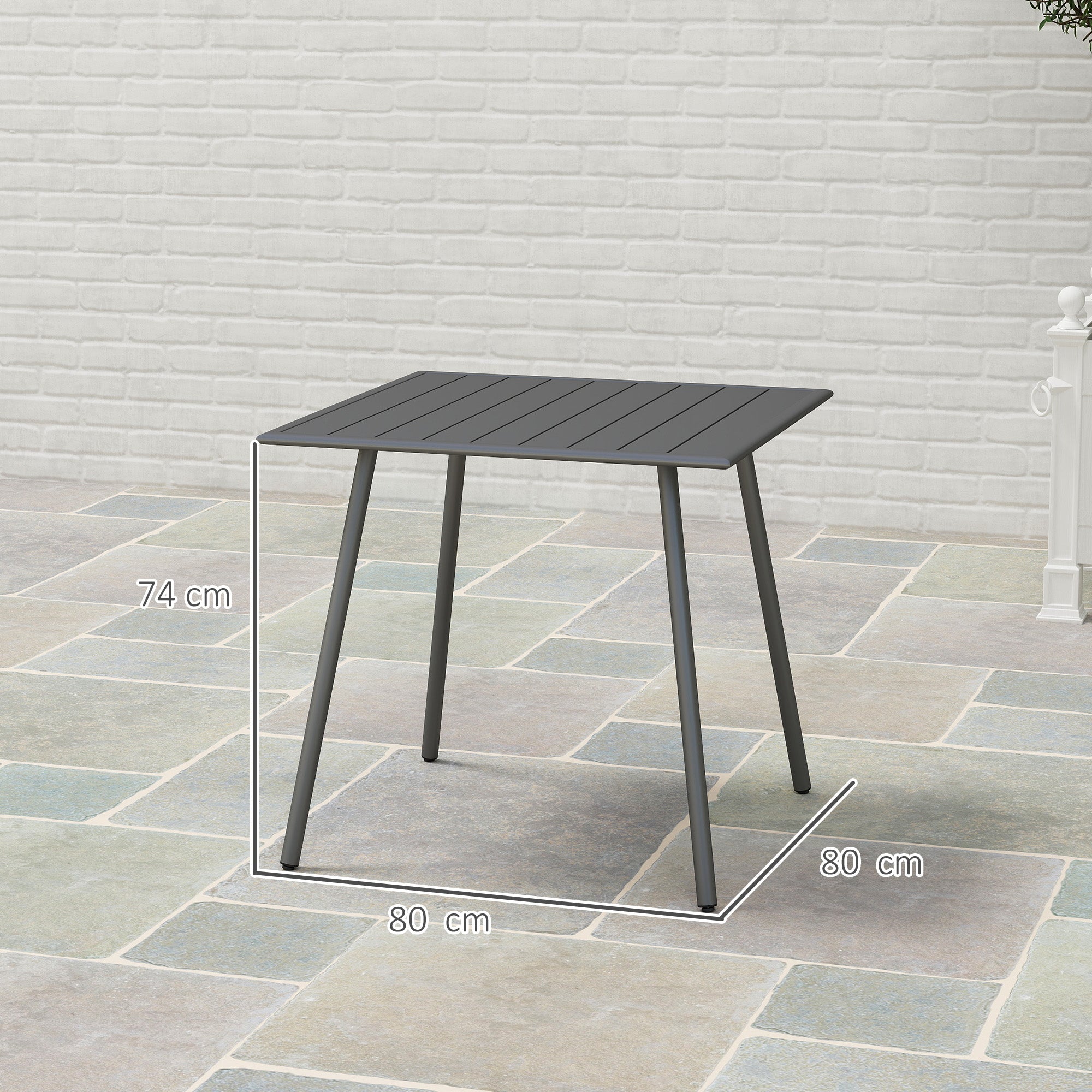 Outsunny Square Garden Table with Slat Top, Steel Frame, Outdoor Table for 4 Person, 80 x 80 x 74 cm, Grey - North Peak Garden Furniture